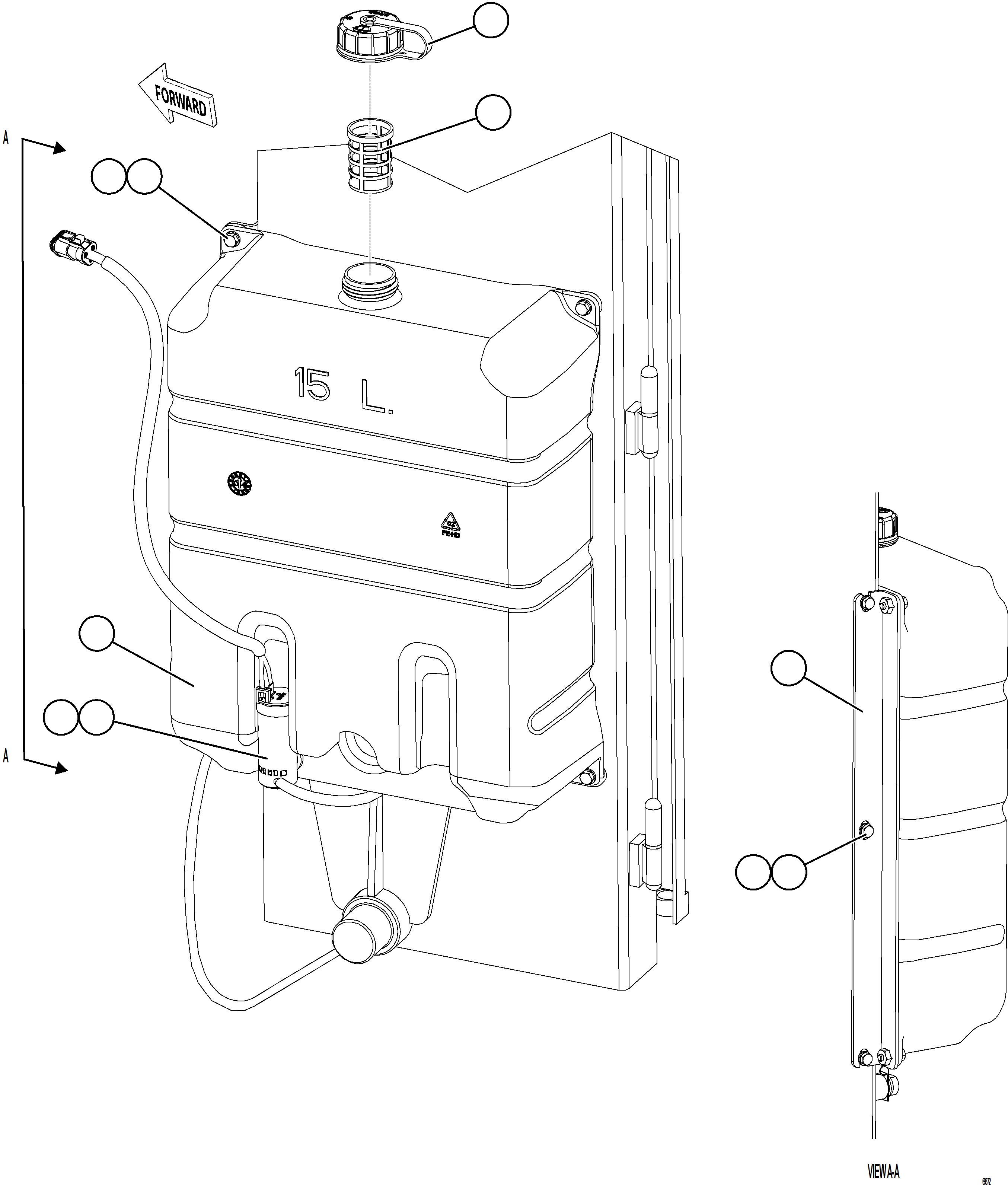 Komatsu parts book diagram for AFE77-AD 830E-5 S/N A50080, A50086  ROBINSON: WINDSHIELD WASHER RESERVOIR INSTALLATION
