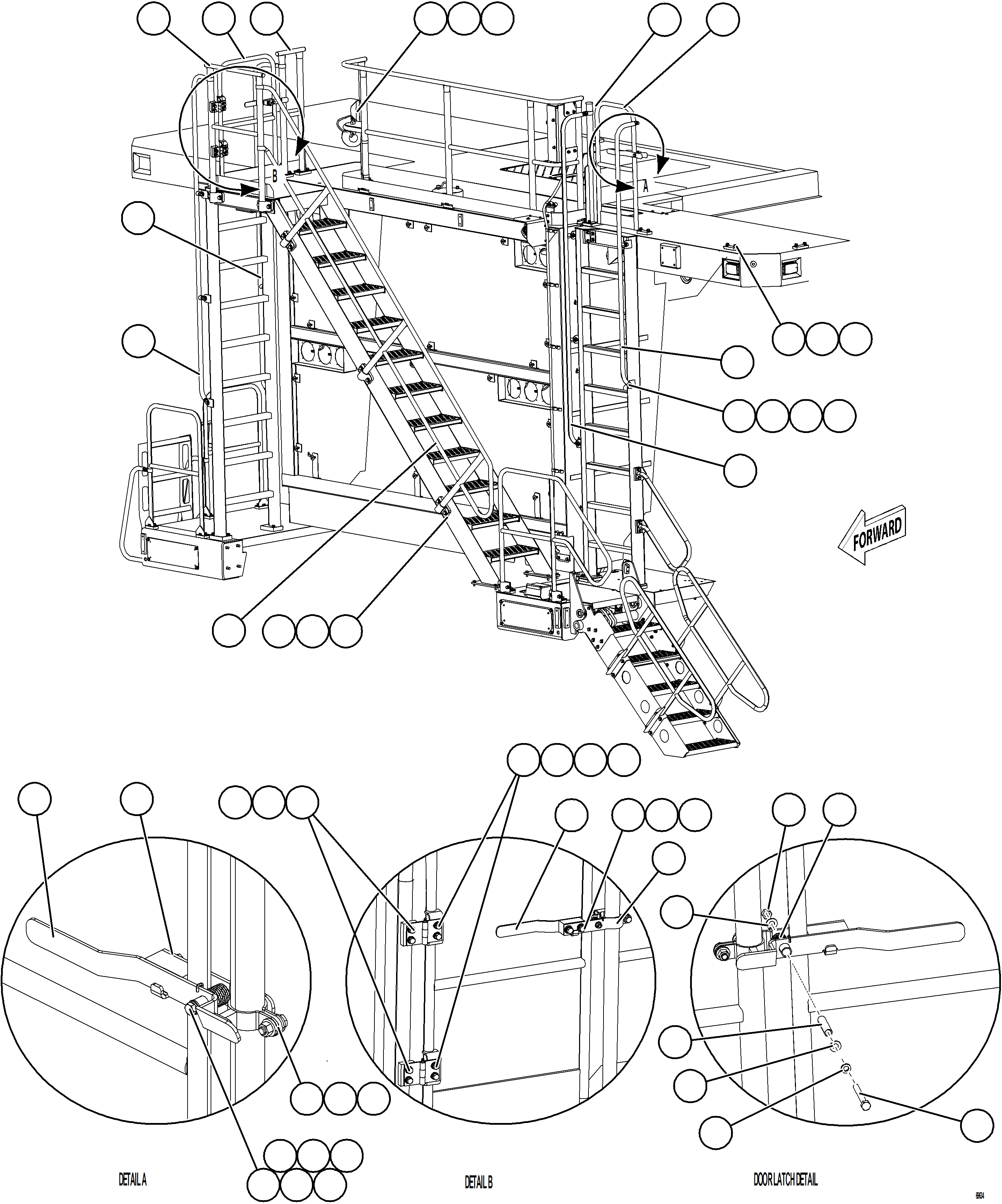Komatsu parts book diagram for AFE77-AD 830E-5 S/N A50080, A50086  ROBINSON: DIAGONAL LADDER & UPPER PLATFORM HANDRAILS