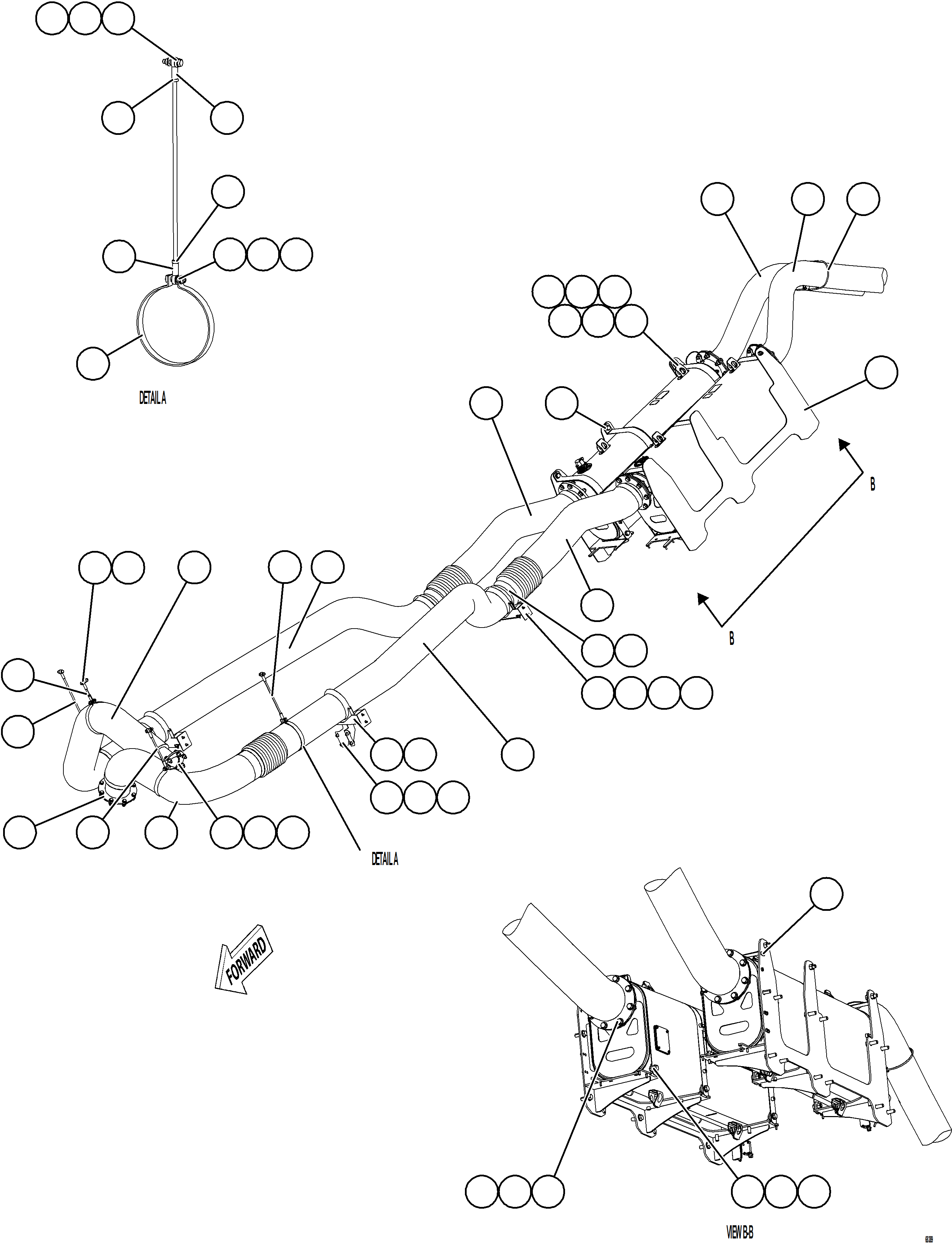 Komatsu parts book diagram for AFE77-D 830E-5 S/N A50007 & A50018  UNITED TACONITE: EXHAUST PIPING - BETWEEN THE RAILS