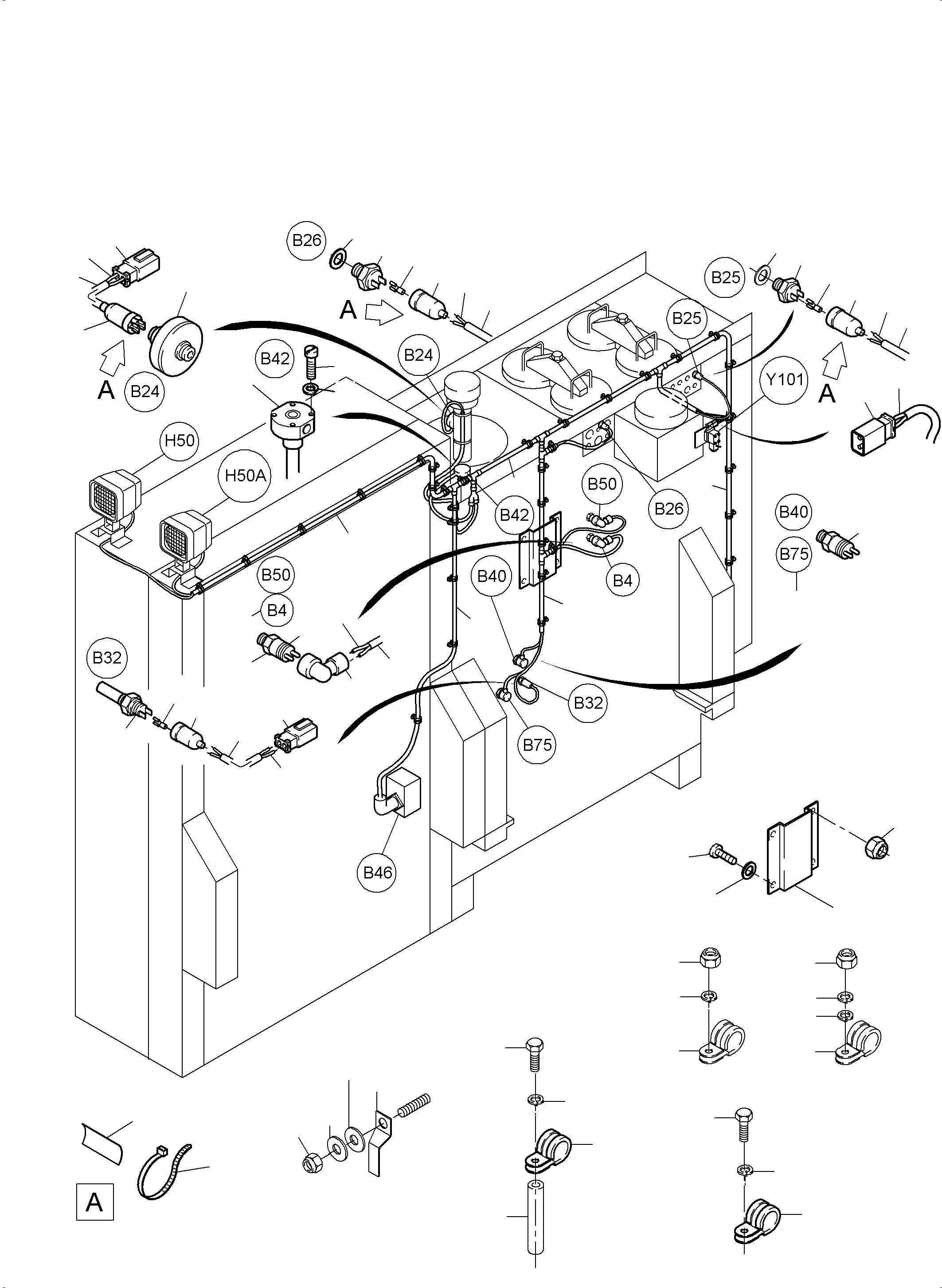 Komatsu parts book diagram for PC3000-6 S/N 06271: CABLES - OIL TANK AND SWITCH