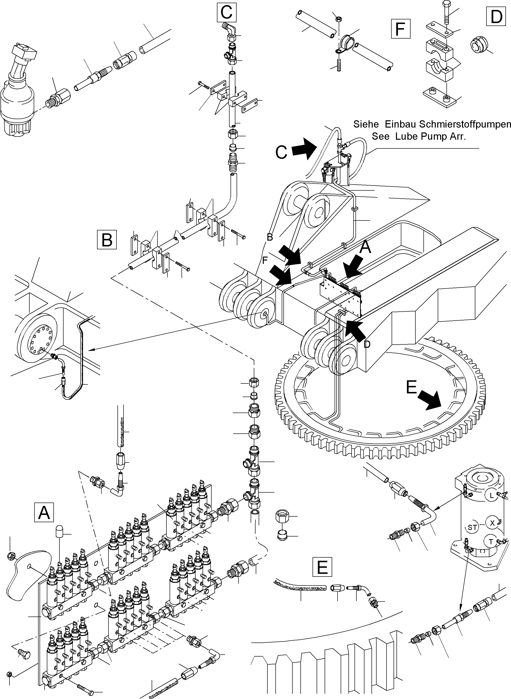 Komatsu parts book diagram for PC4000-6E S/N 08202: LUBE DISTRIBUTOR SLEW RING