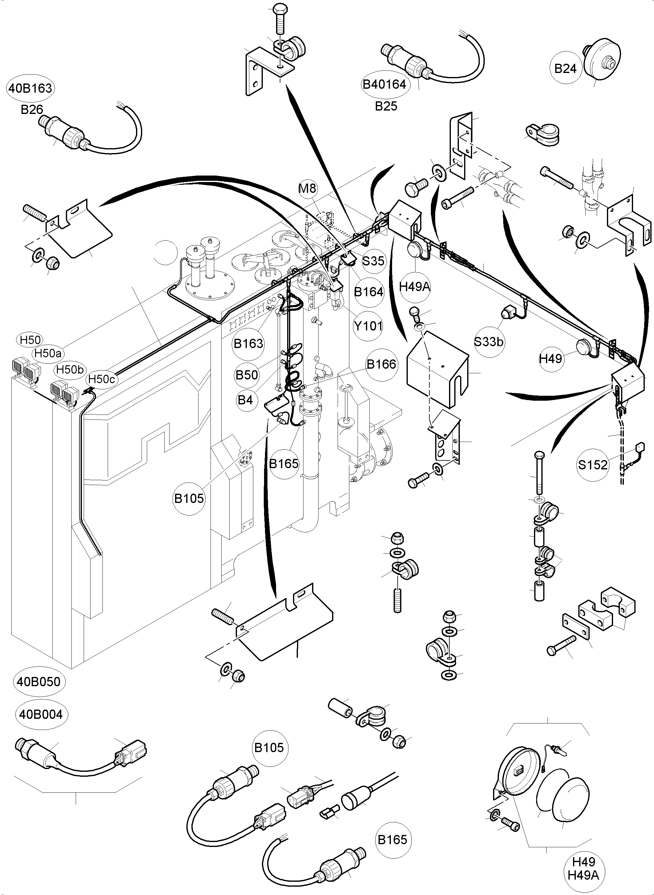 Komatsu parts book diagram for PC4000-6 S/N 08241: CABLES - OIL TANK AND SWITCH