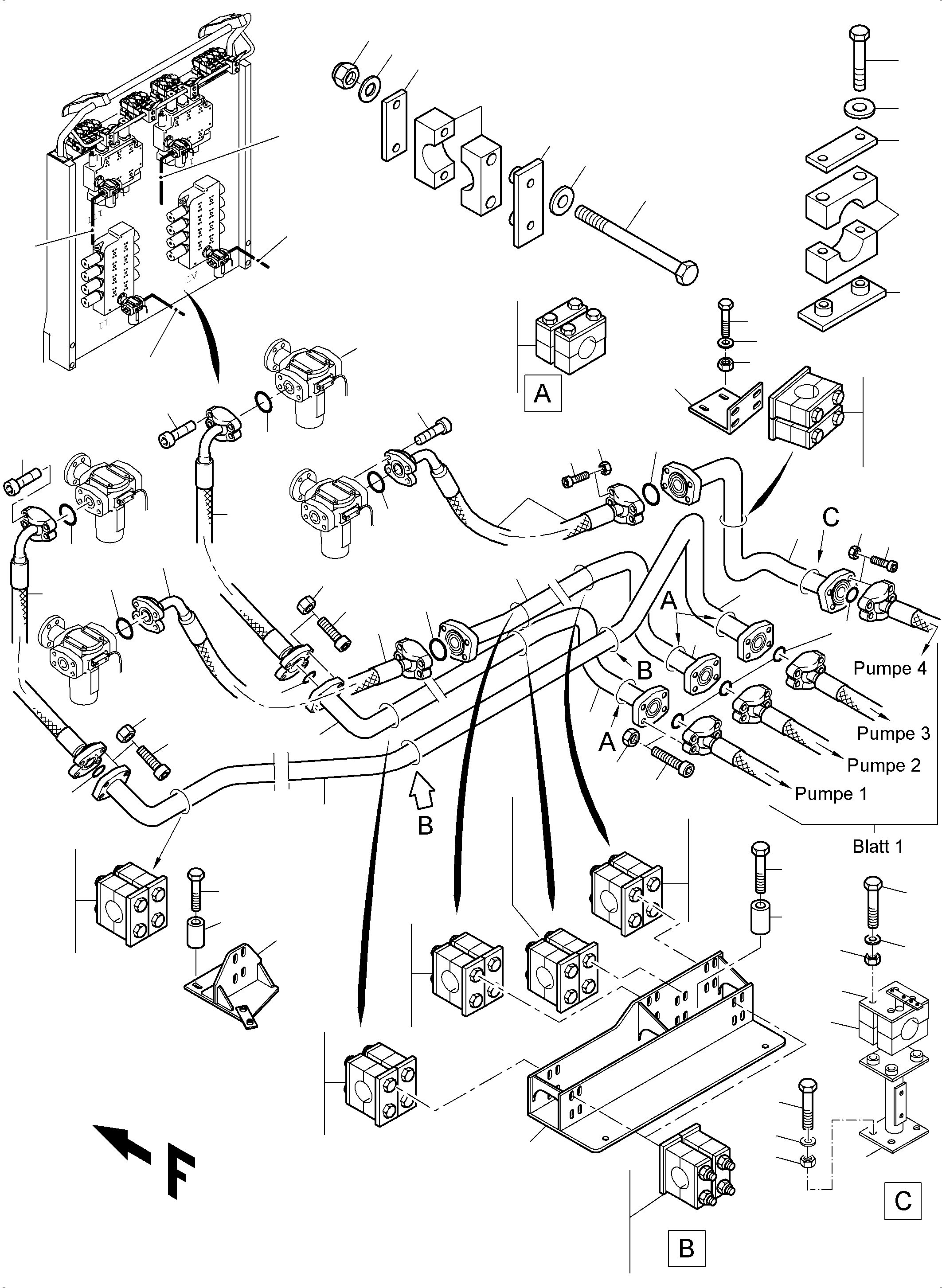Komatsu parts book diagram for PC4000-6 S/N 08248: PRESSURE LINES - MAIN PUMPS