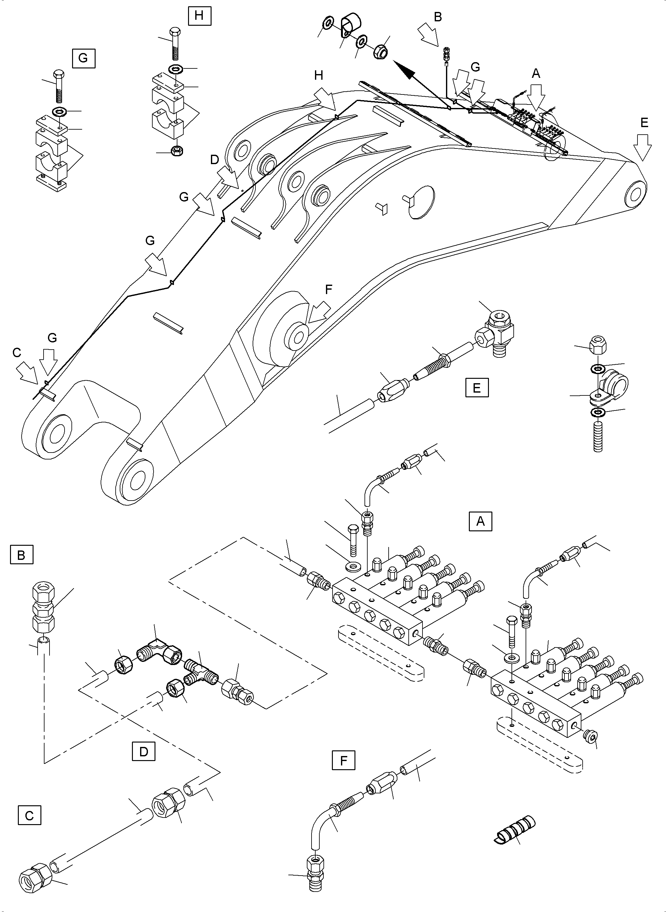Komatsu parts book diagram for PC4000-11 S/N 08273: BOOM - LUBE LINES, BE - 9.75M