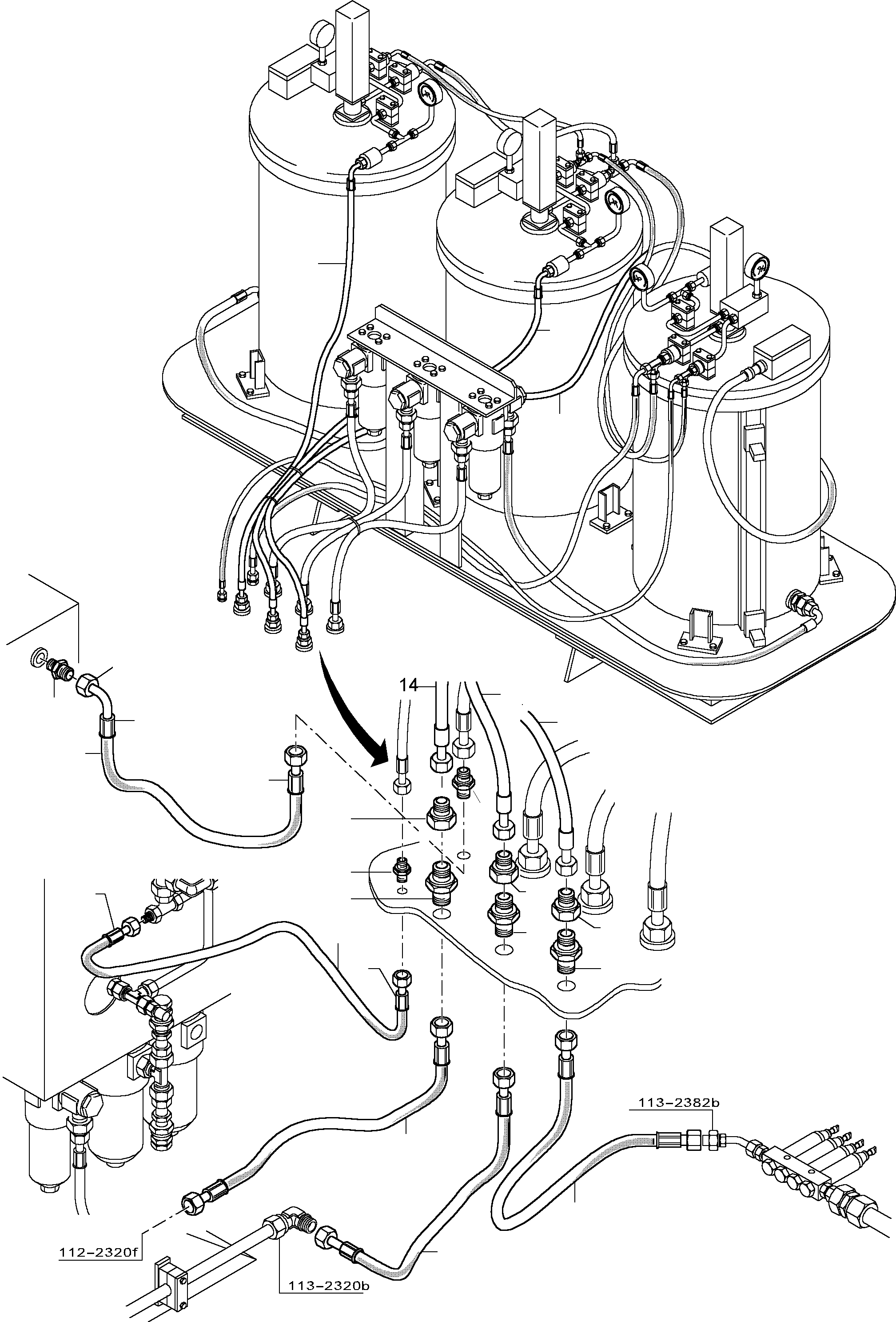 Komatsu parts book diagram for PC8000-1E S/N 12024: CONTROL- AND LUBE LINES, LUBE STATIONS