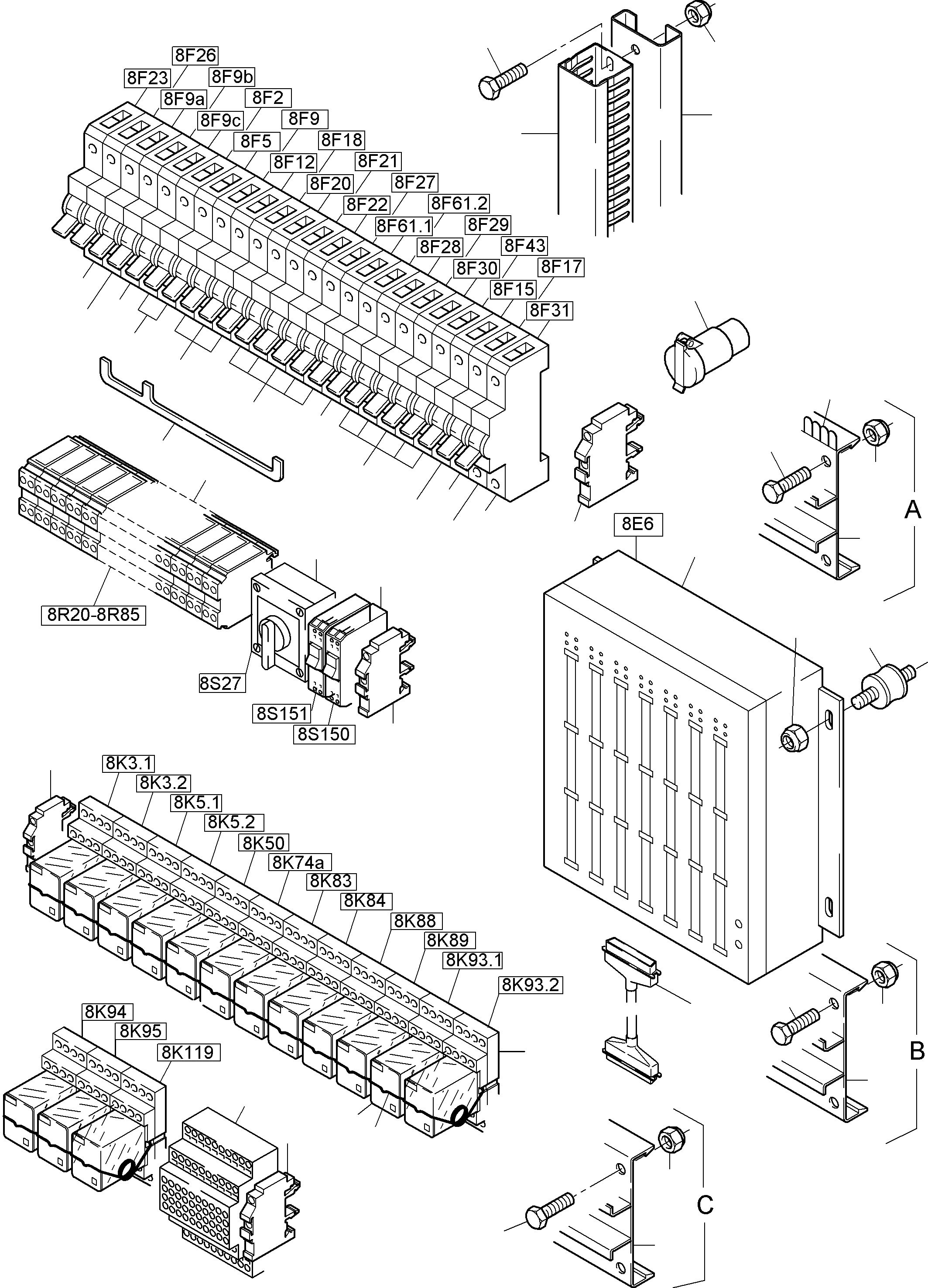 Komatsu parts book diagram for PC8000-1E S/N 12024: MAIN SWITCH BOX IN CAB SUPPORT