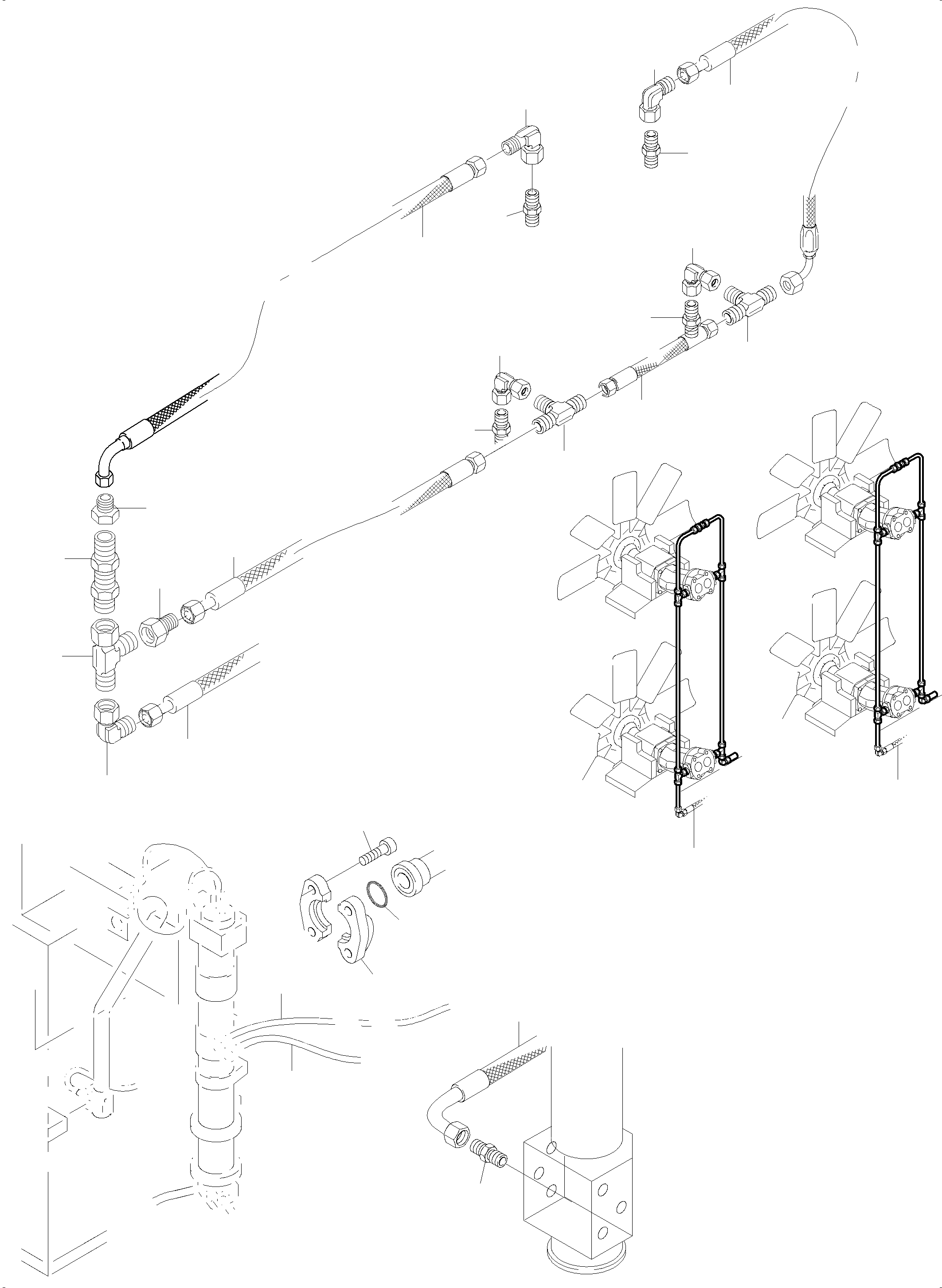 Komatsu parts book diagram for PC8000-6 S/N 12082: PRESSURE LINES AND RETURN LINES FAN MOTORS (WATER)