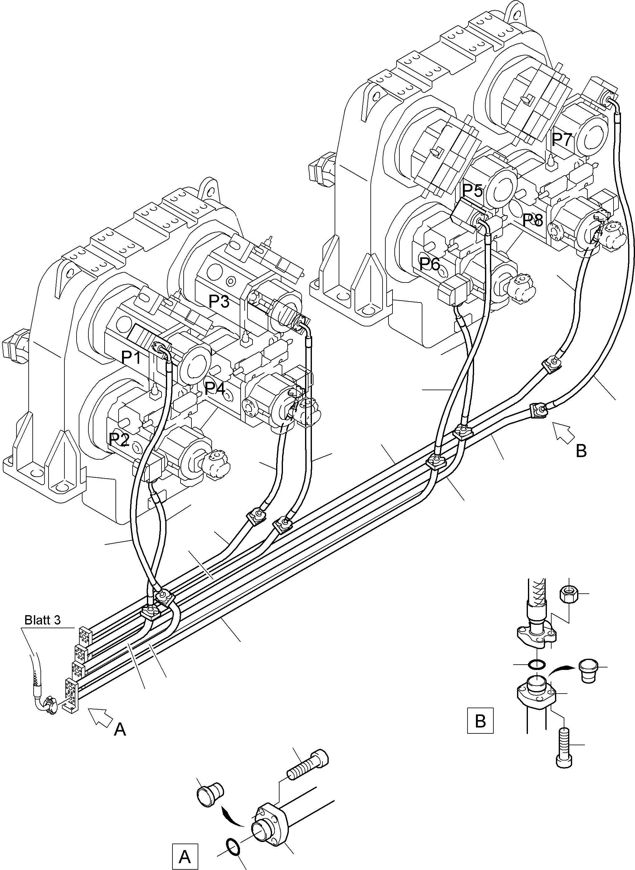 Komatsu parts book diagram for PC8000-6 S/N 12082: PRESSURE LINES, MAIN PUMPS - H.P. FILTER