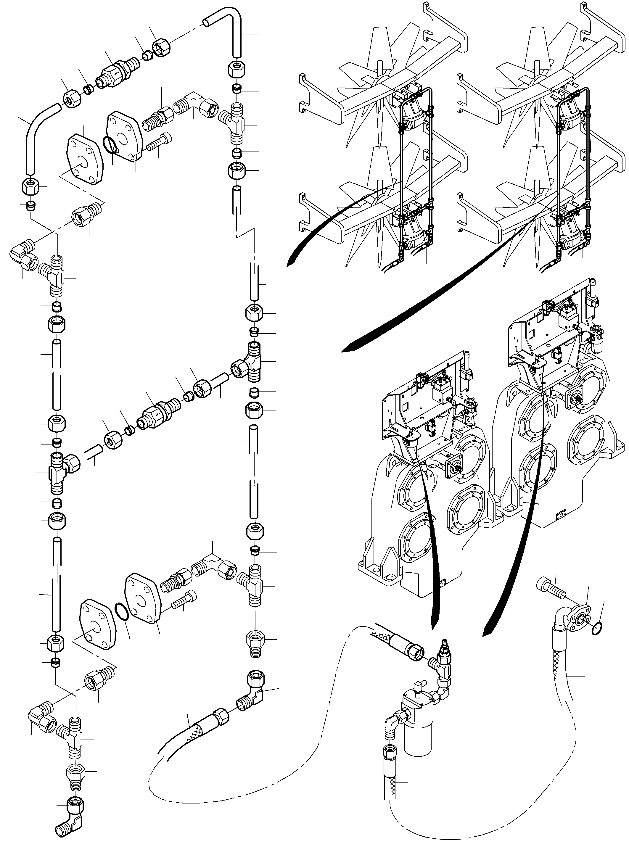 Komatsu parts book diagram for PC8000-11 S/N 12117: PRESSURE LINES AND RETURN LINES FAN MOTORS (WATER)