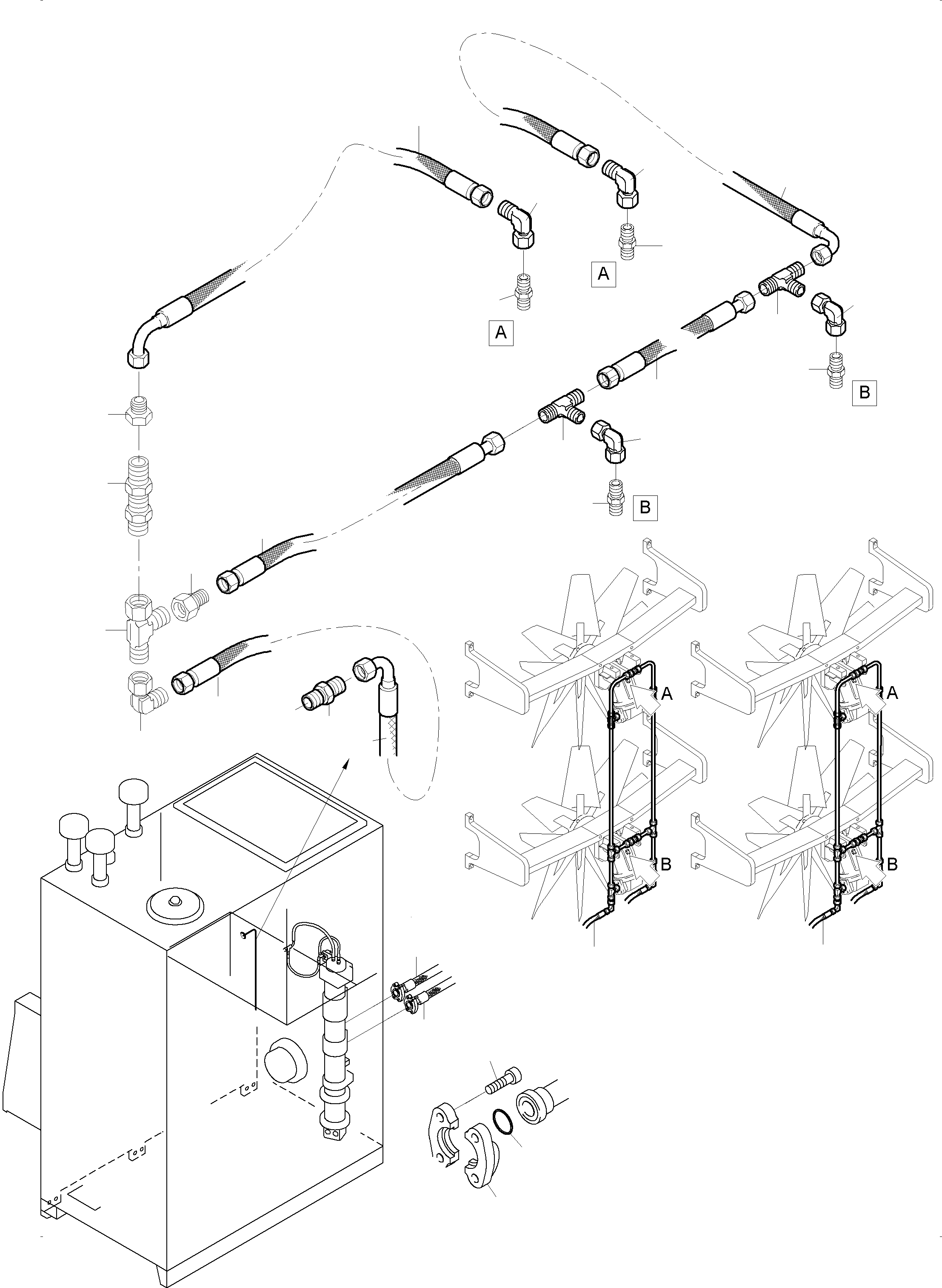Komatsu parts book diagram for PC8000-11 S/N 12117: PRESSURE LINES AND RETURN LINES FAN MOTORS (WATER)