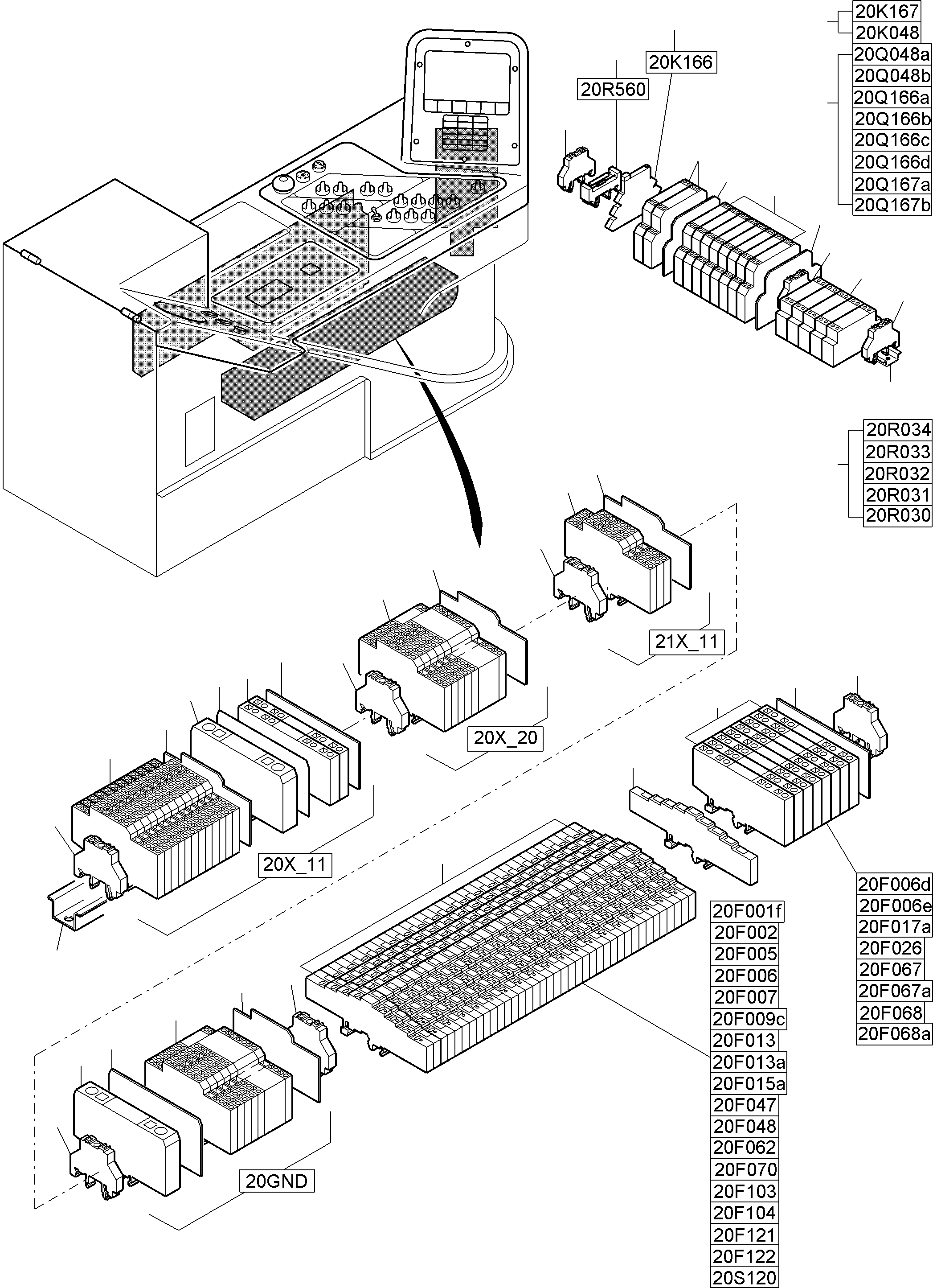 Komatsu parts book diagram for PC8000-11 S/N 12117: CABIN - OPERATION ELEMENTS - LOCATION 20