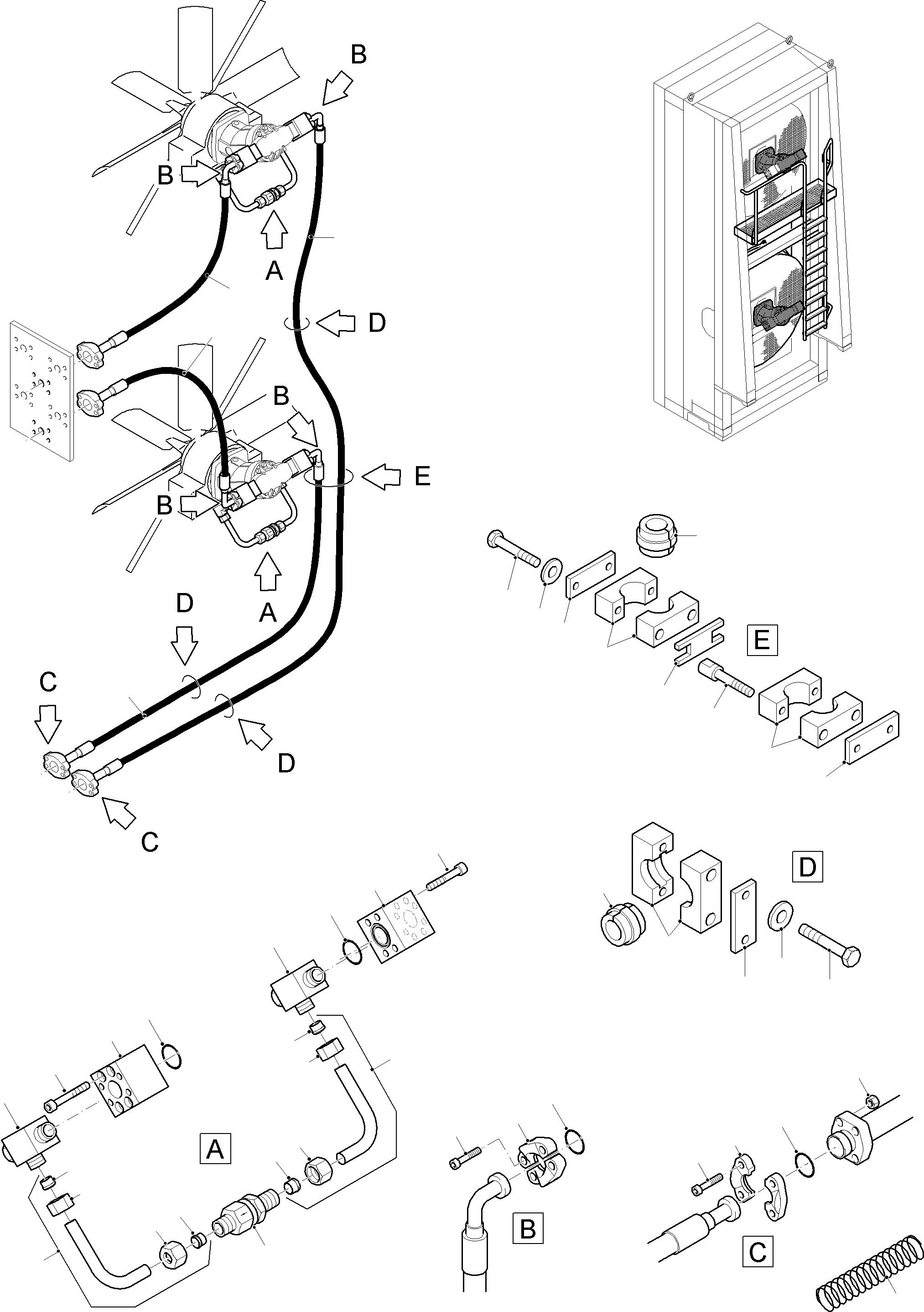 Komatsu parts book diagram for PC8000-11 S/N 12118: PRESSURE LINES AND RETURN LINES- FAN MOTORS -OIL COOLER