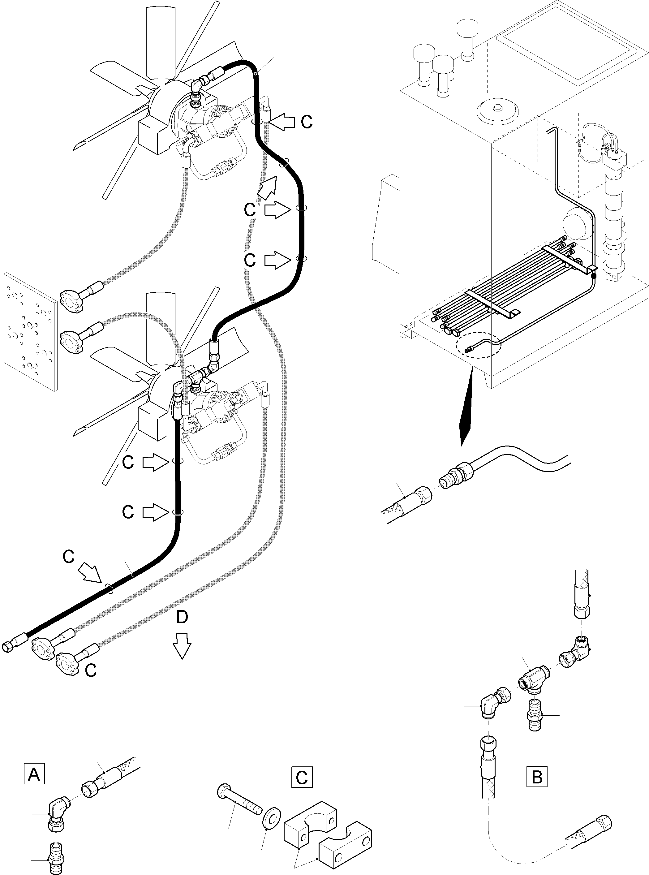 Komatsu parts book diagram for PC8000-11 S/N 12118: PRESSURE LINES AND RETURN LINES- FAN MOTORS -OIL COOLER