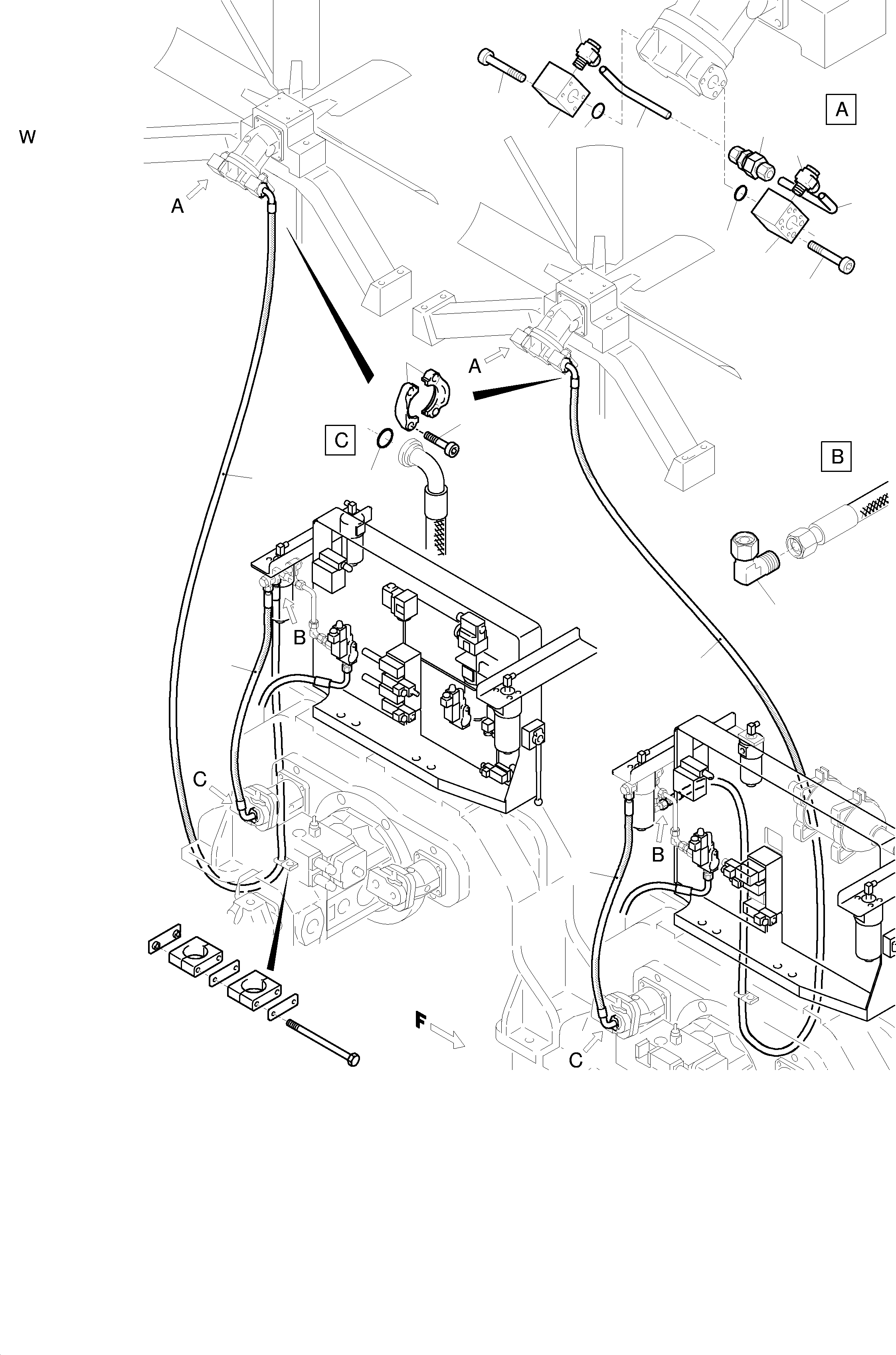 Komatsu parts book diagram for H455-SD S/N 15009: PRESSURE LINES - FAN MOTORS (RADIATOR)