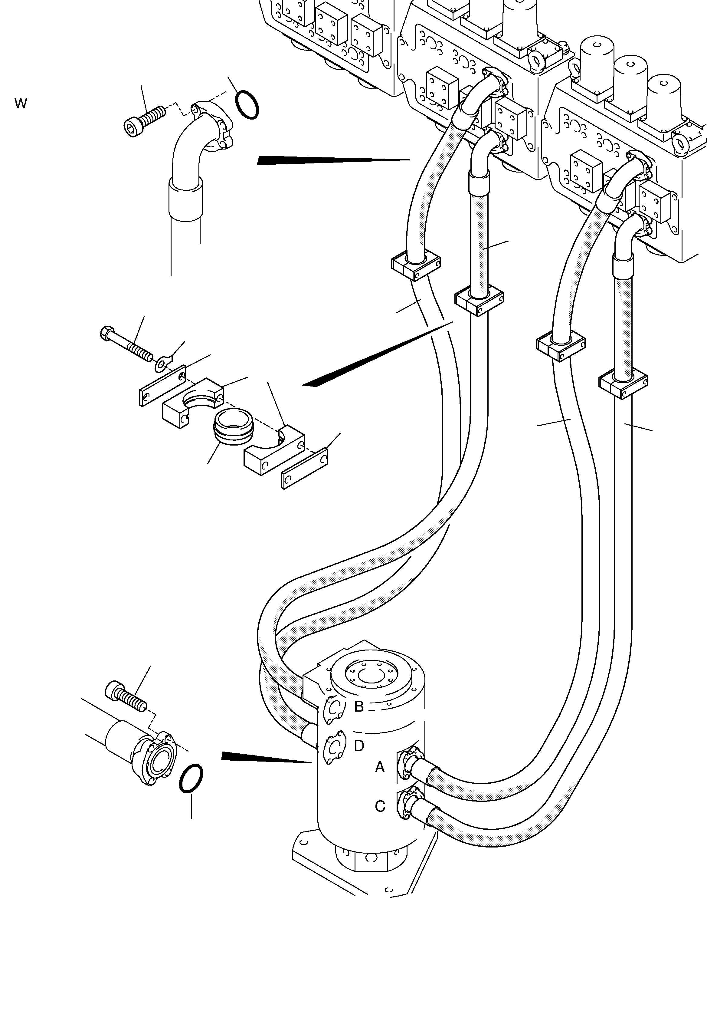 Komatsu parts book diagram for H455-SD S/N 15009: HOSES ASSY, CONTROL BLOCKS - ROTARY JOINT