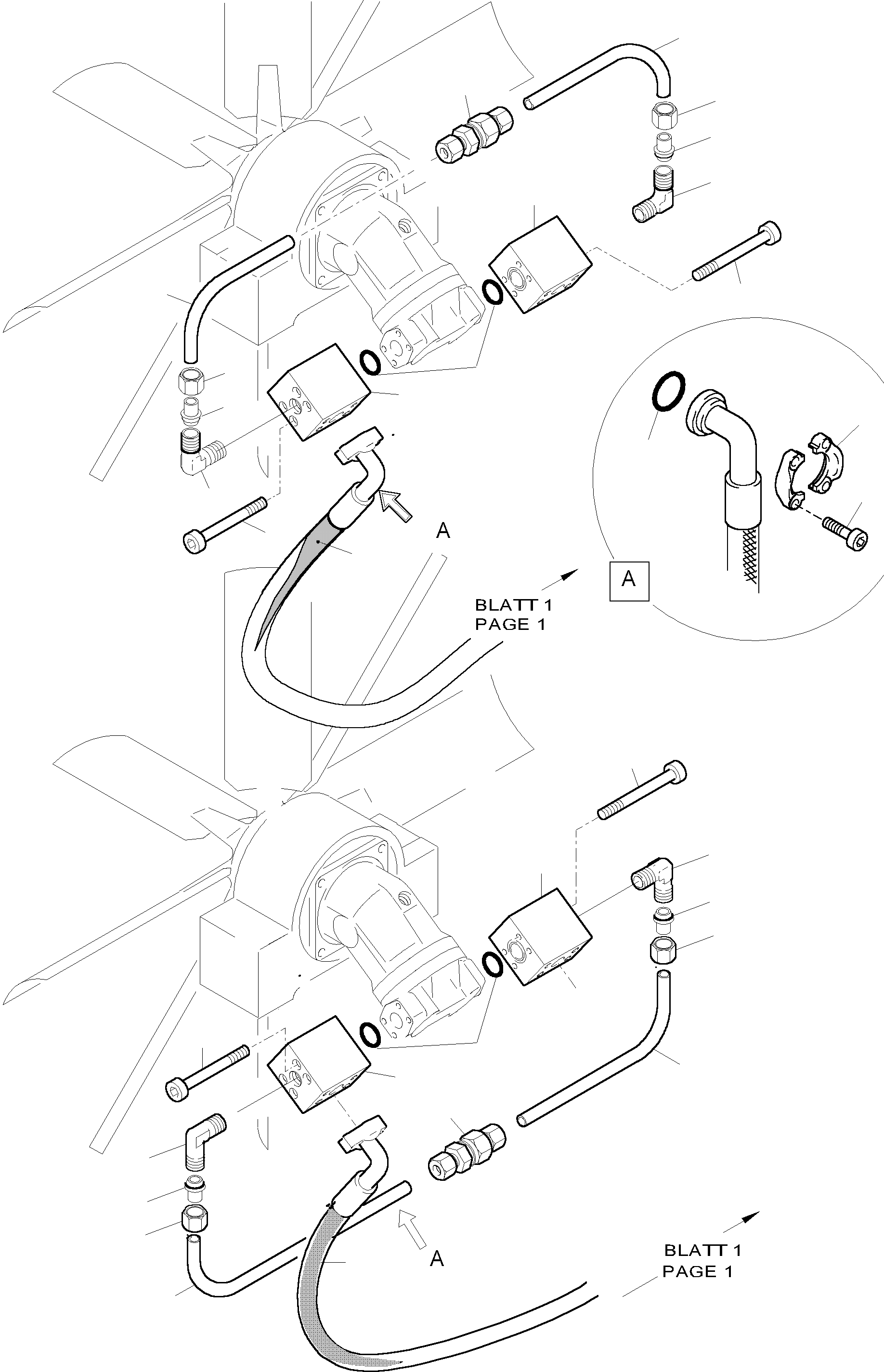 Komatsu parts book diagram for H455-SD S/N 15009: PRESSURE LINES - FAN MOTORS (OIL COOLER)