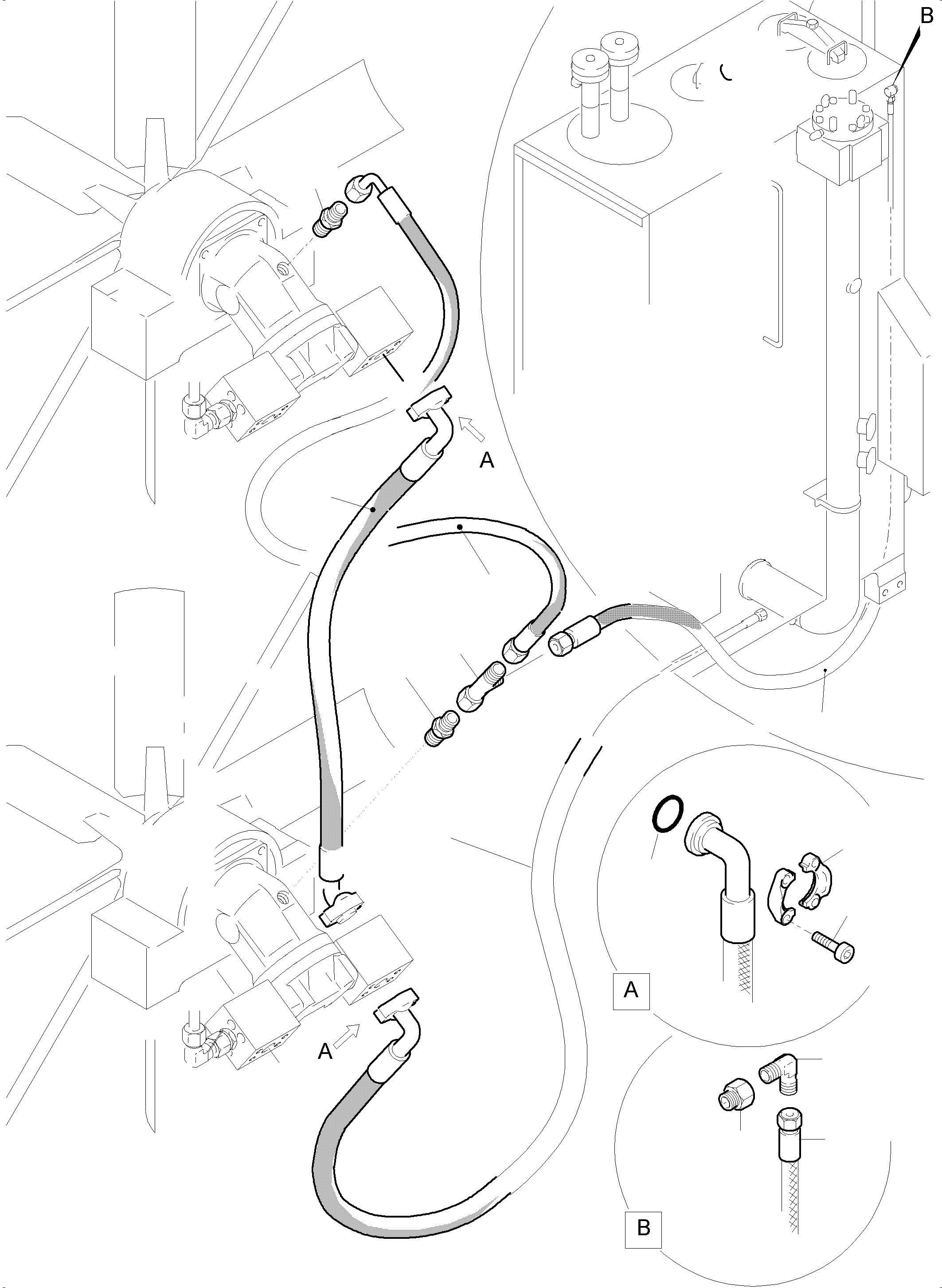Komatsu parts book diagram for PC5500-6 S/N 15081: RETURN LINES - FAN MOTORS ( OIL COOLER )