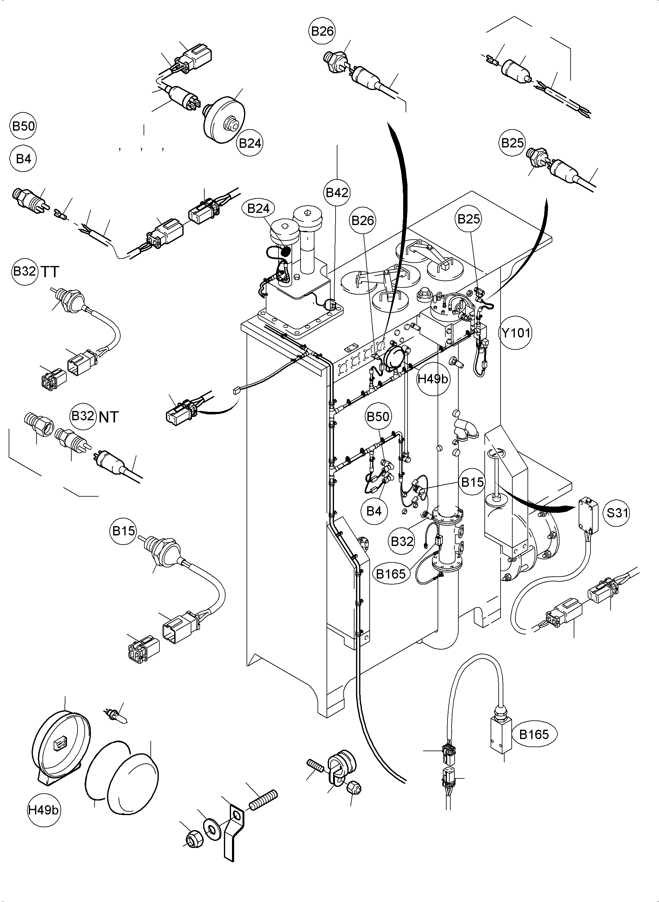 Komatsu parts book diagram for PC5500-6 S/N 15081: CABLES - OIL TANK AND SWITCH