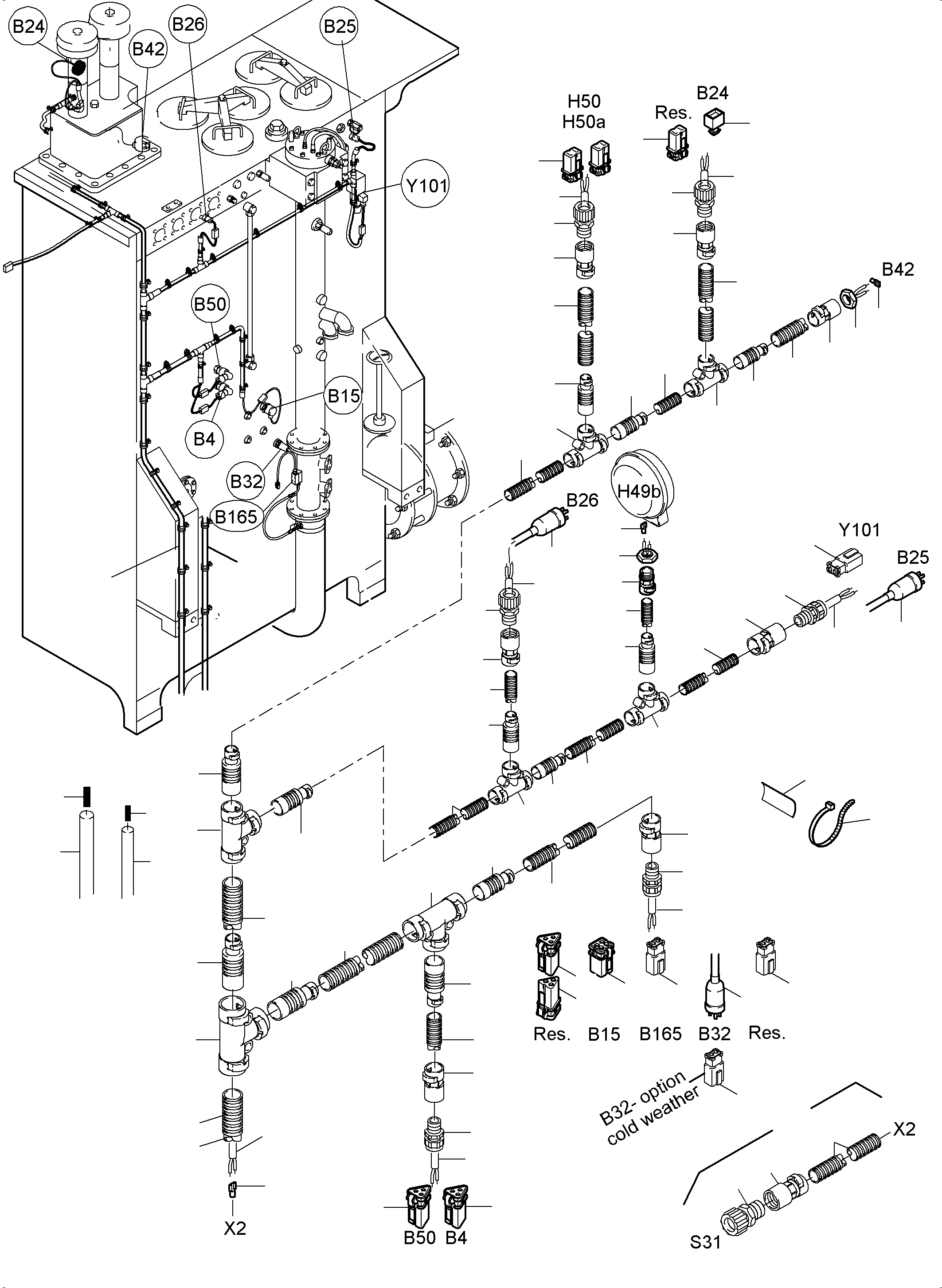 Komatsu parts book diagram for PC5500-6 S/N 15081: CABLES - OIL TANK AND SWITCH