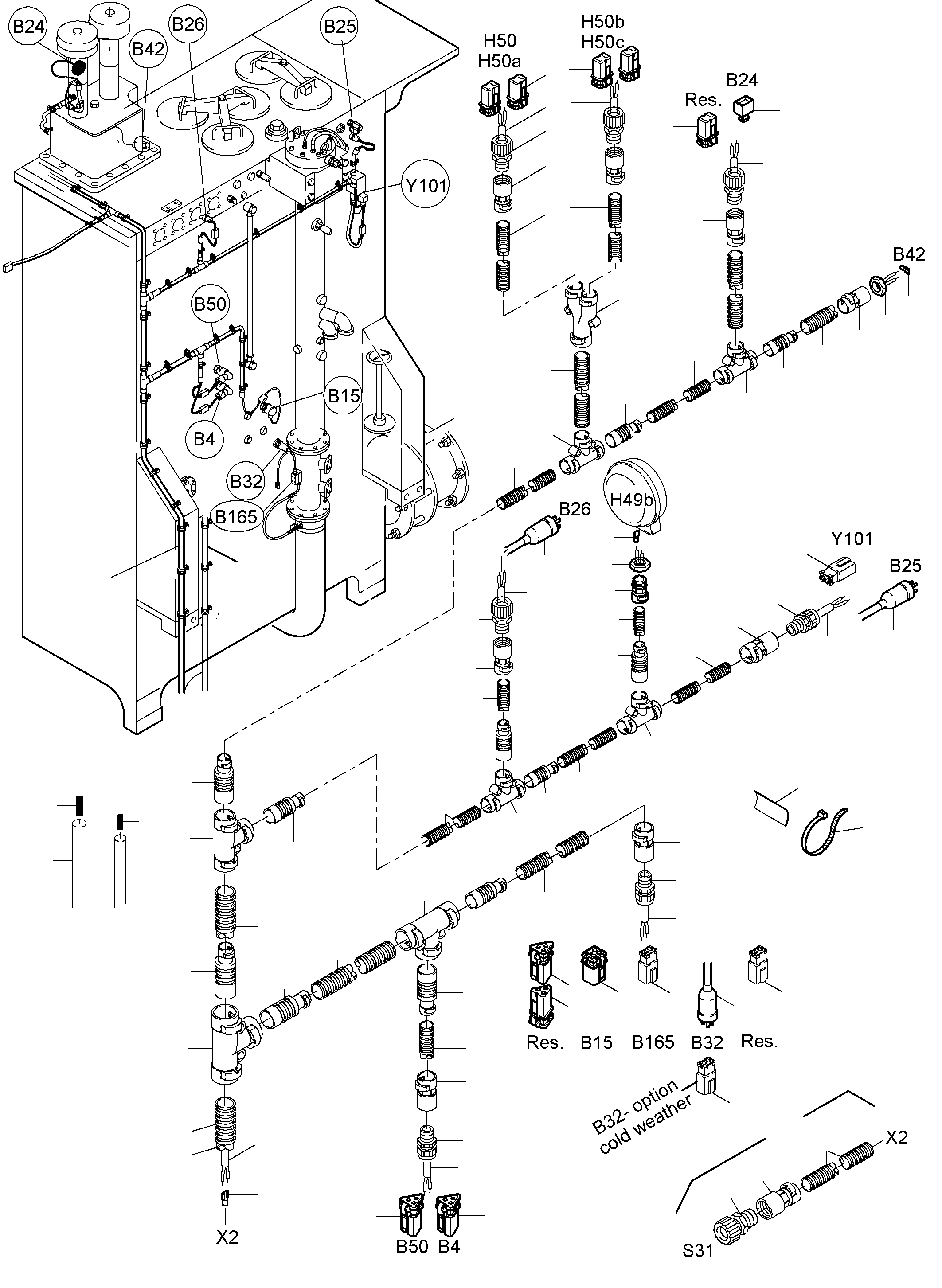 Komatsu parts book diagram for PC5500-6 S/N 15083: CABLES - OIL TANK AND SWITCH