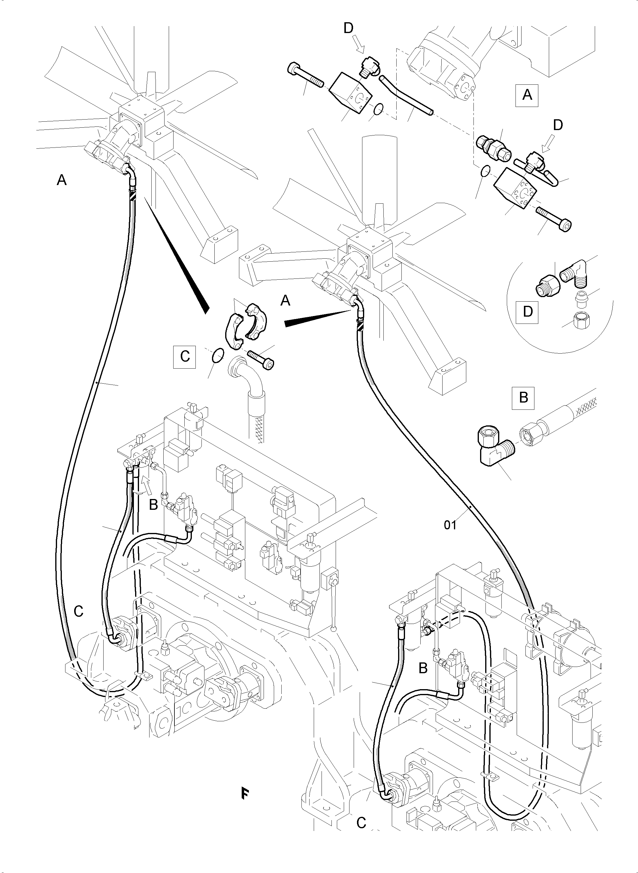 Komatsu parts book diagram for PC5500-6 S/N 15086: PRESSURE LINES - FAN MOTORS (RADIATOR)