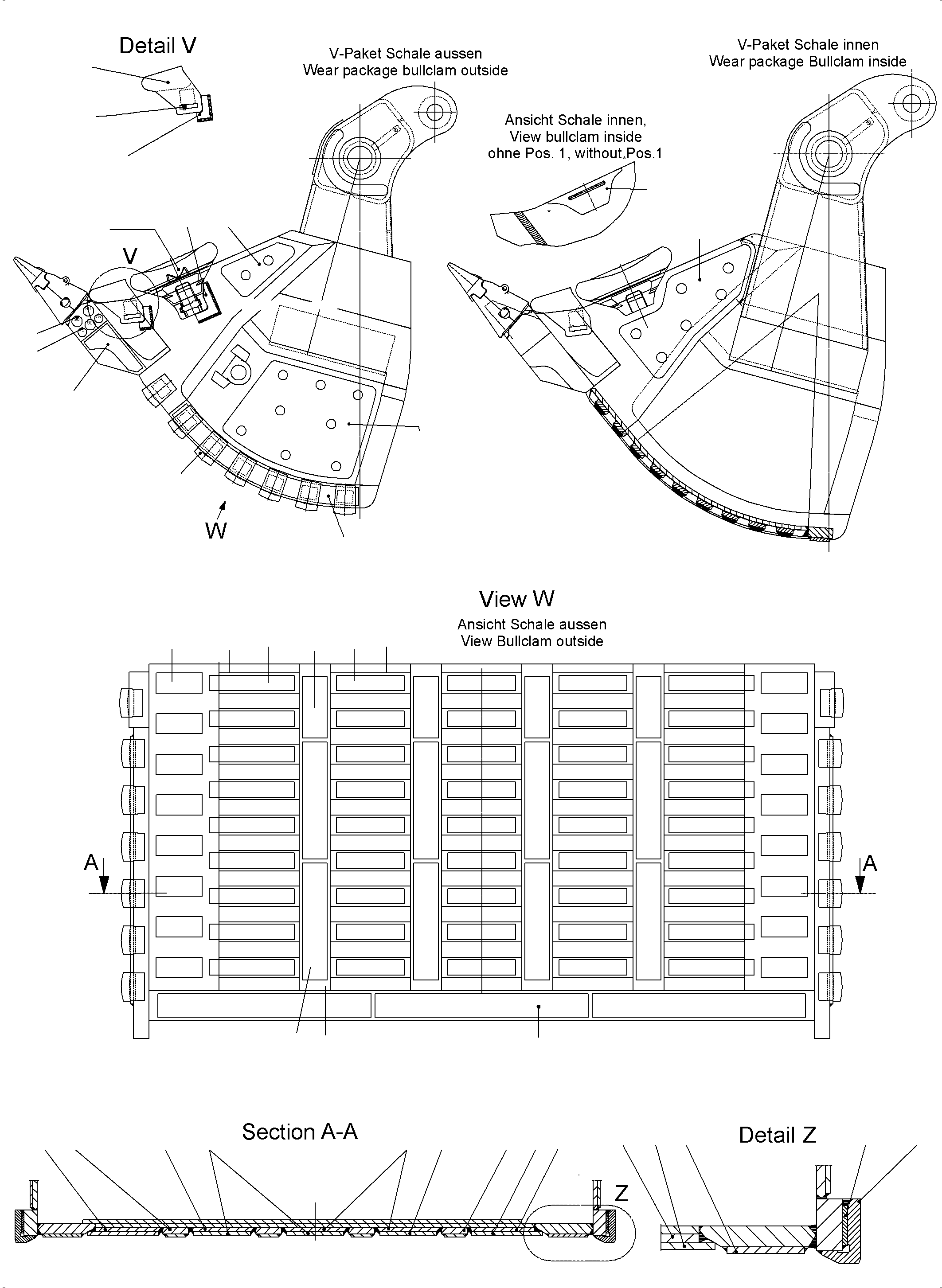 Komatsu parts book diagram for PC5500-6 S/N 15086: WEAR PACKAGE BACK PANEL (WP2) AND BULLCLAM (WP2+) 30 CBM
