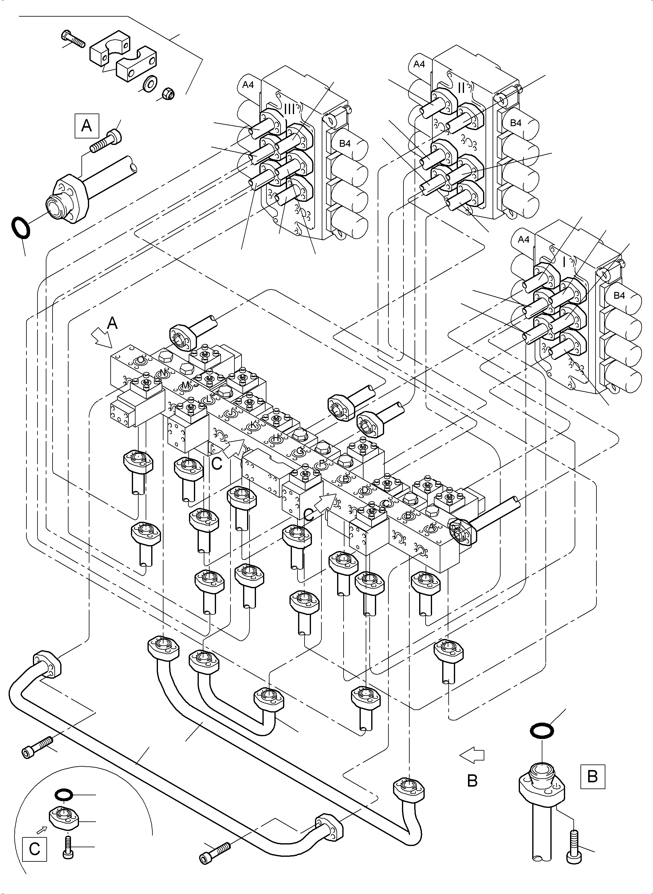 Komatsu parts book diagram for PC5500-6 S/N 15164: PRESSURE LINES, CONTROL BLOCKS - MANIFOLD B.H.