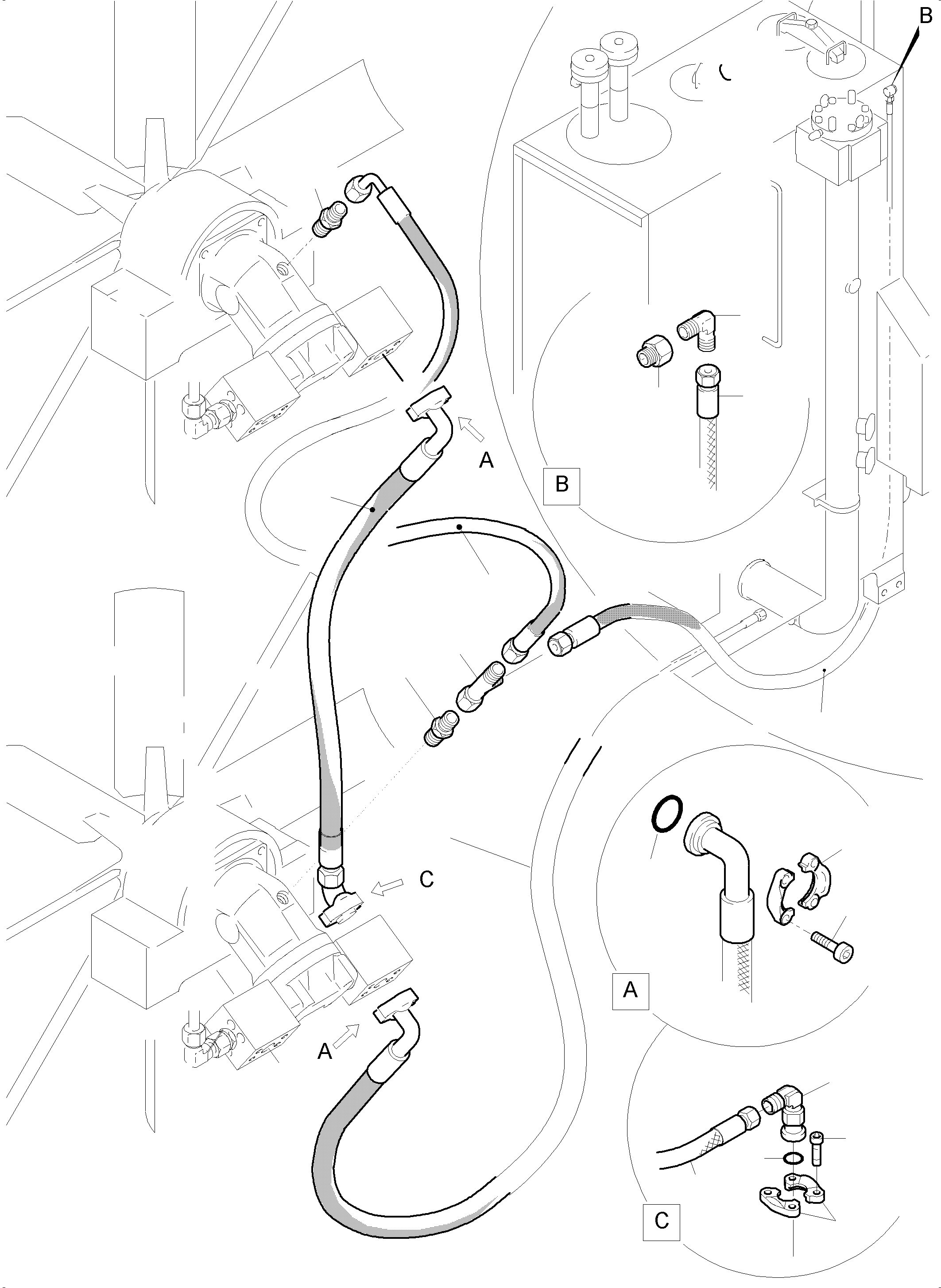 Komatsu parts book diagram for PC5500-6 S/N 15164: RETURN LINES - FAN MOTORS ( OIL COOLER )