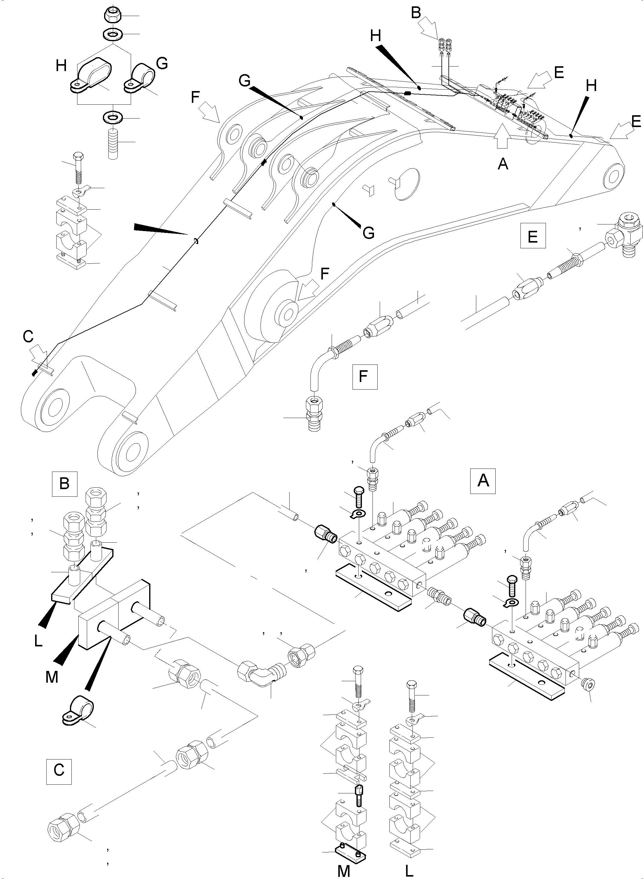 Komatsu parts book diagram for PC5500-6 S/N 15164: BOOM - LUBE LINES (ADD. LINE)