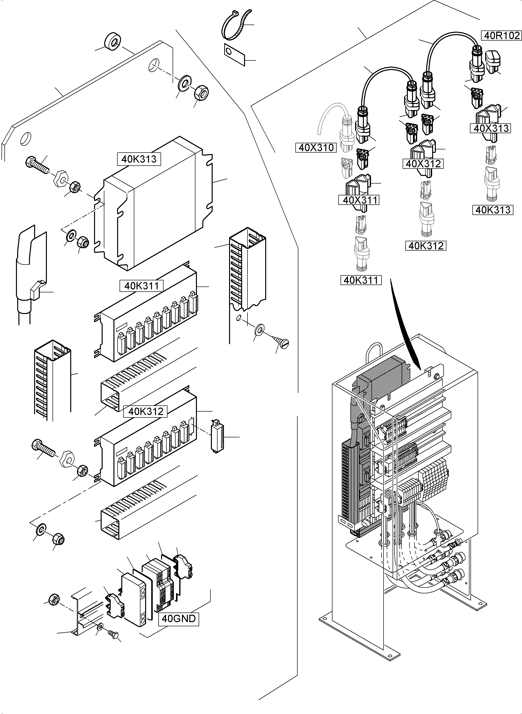 Komatsu parts book diagram for PC5500-6 S/N 15164: SWITCH CABINET ORT 40