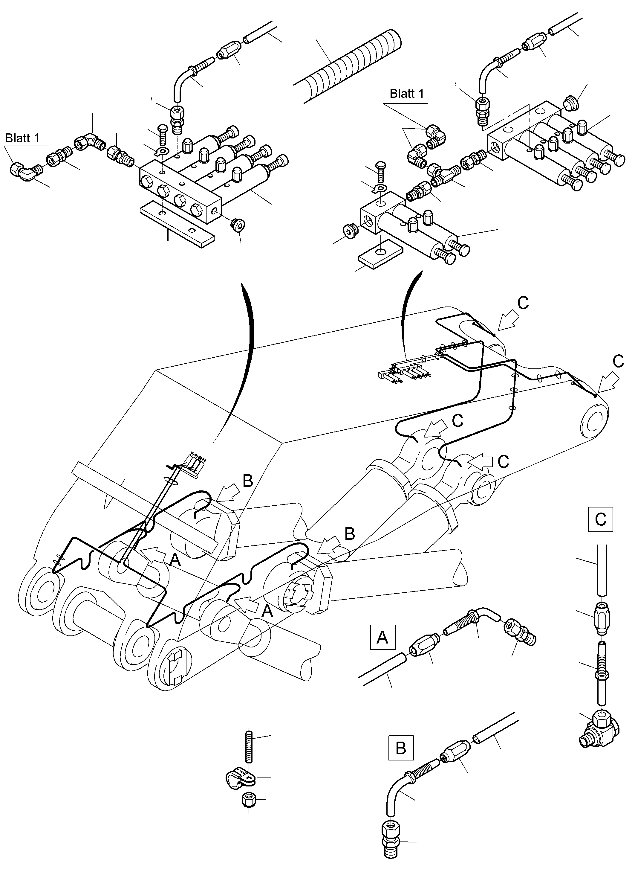Komatsu parts book diagram for PC5500-6 S/N 15166: BOOM - CENTRAL LUBRICATION (BBE), ADD. LUBRICTION CIRCLE