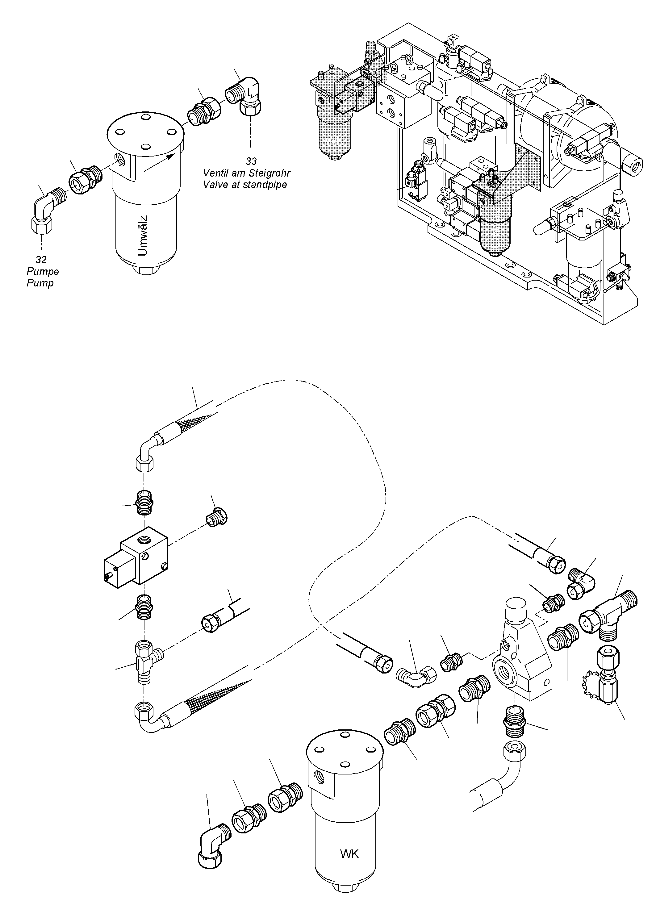 Komatsu parts book diagram for PC5500-6 S/N 15166: PIPES - CONTROL- AND FILTER PLATE, FRONT (ENGINE 2)
