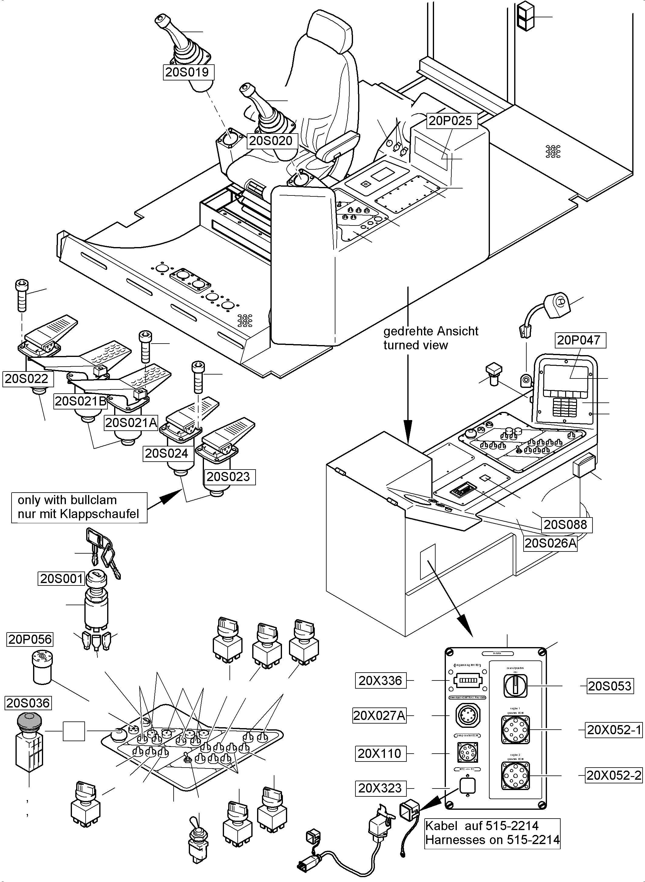 Komatsu parts book diagram for PC5500-6 S/N 15166: CABIN - OPERATION ELEMENTS - LOCATION 20