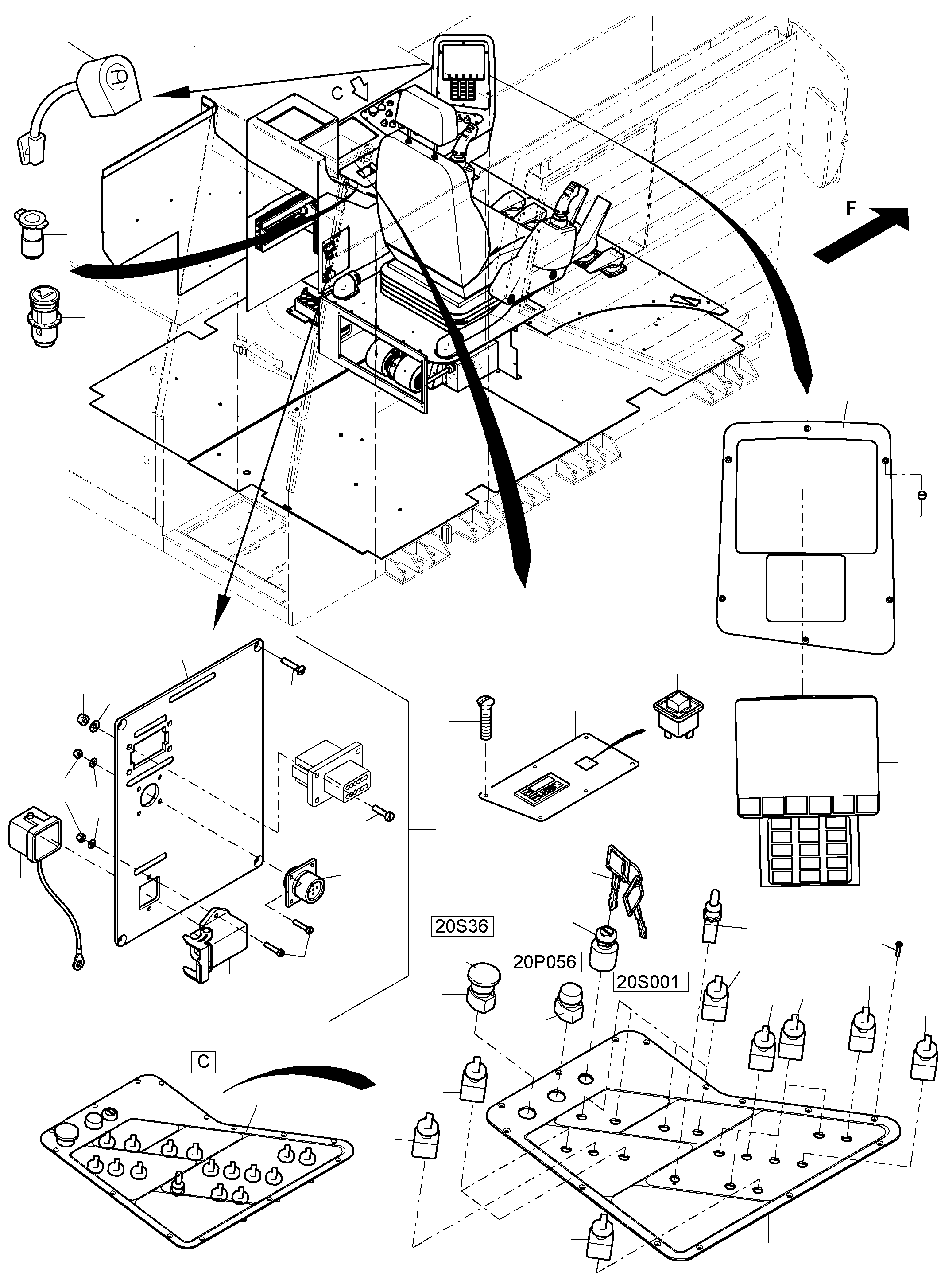 Komatsu parts book diagram for PC 7000-6E 35 003 11.06.2019: CABIN - OPERATION ELEMENTS - LOCATION 20