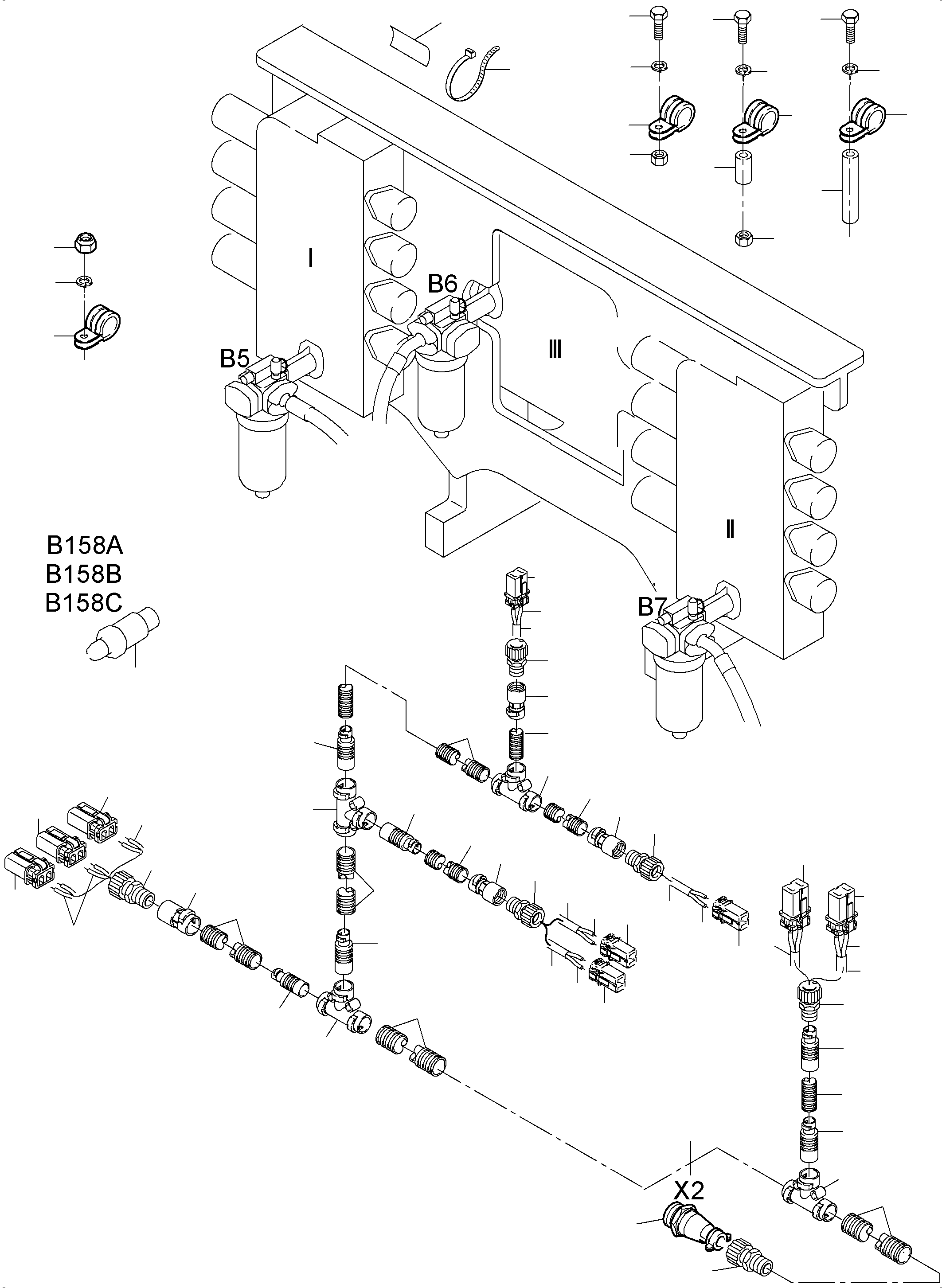 Komatsu parts book diagram for PC3000-6 S/N 46191: CABLES - SUPPORT, CONTROL UNIT - H.P. FILTER