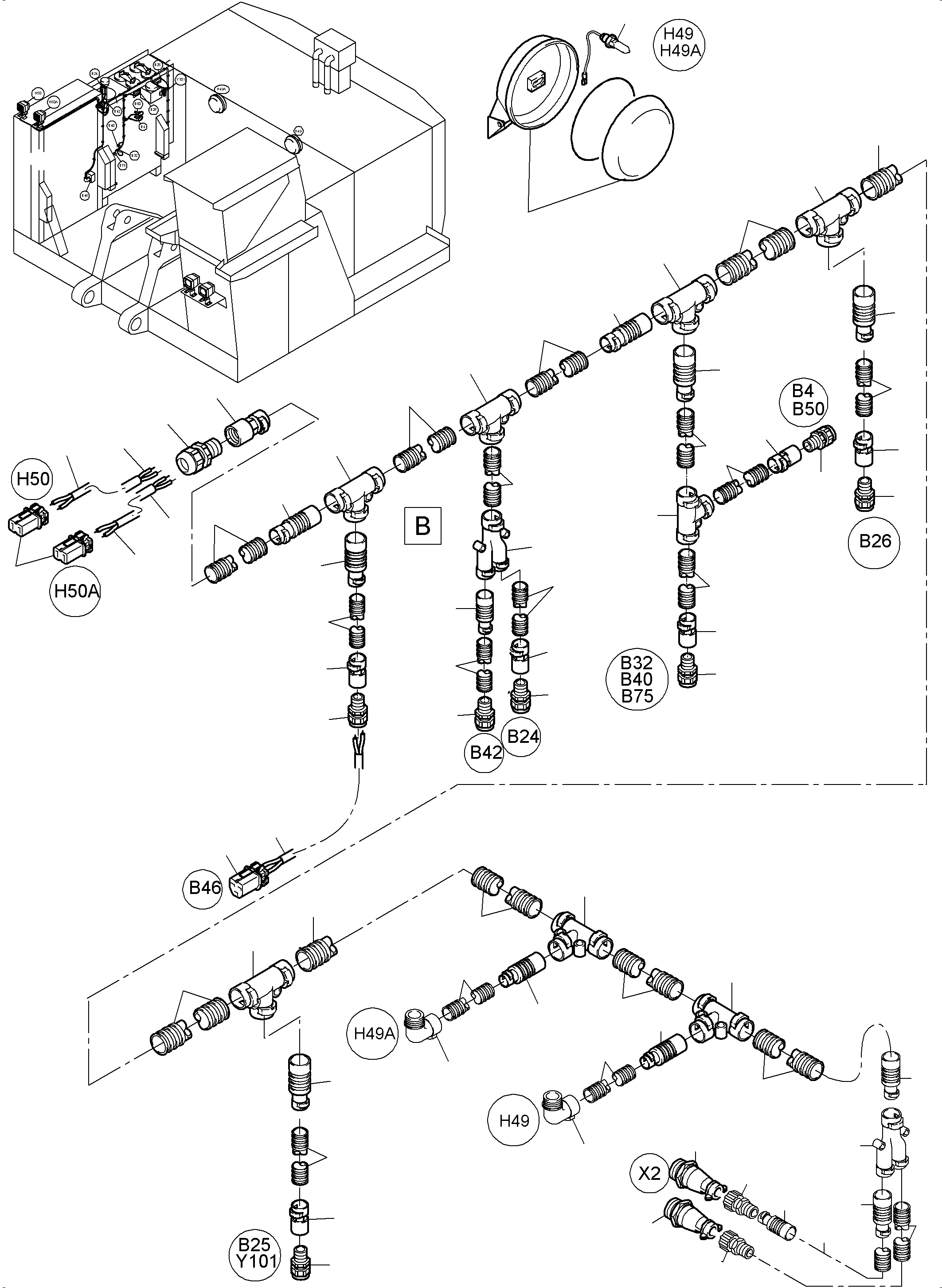 Komatsu parts book diagram for PC3000-6 S/N 46191: CABLES - OIL TANK AND SWITCH
