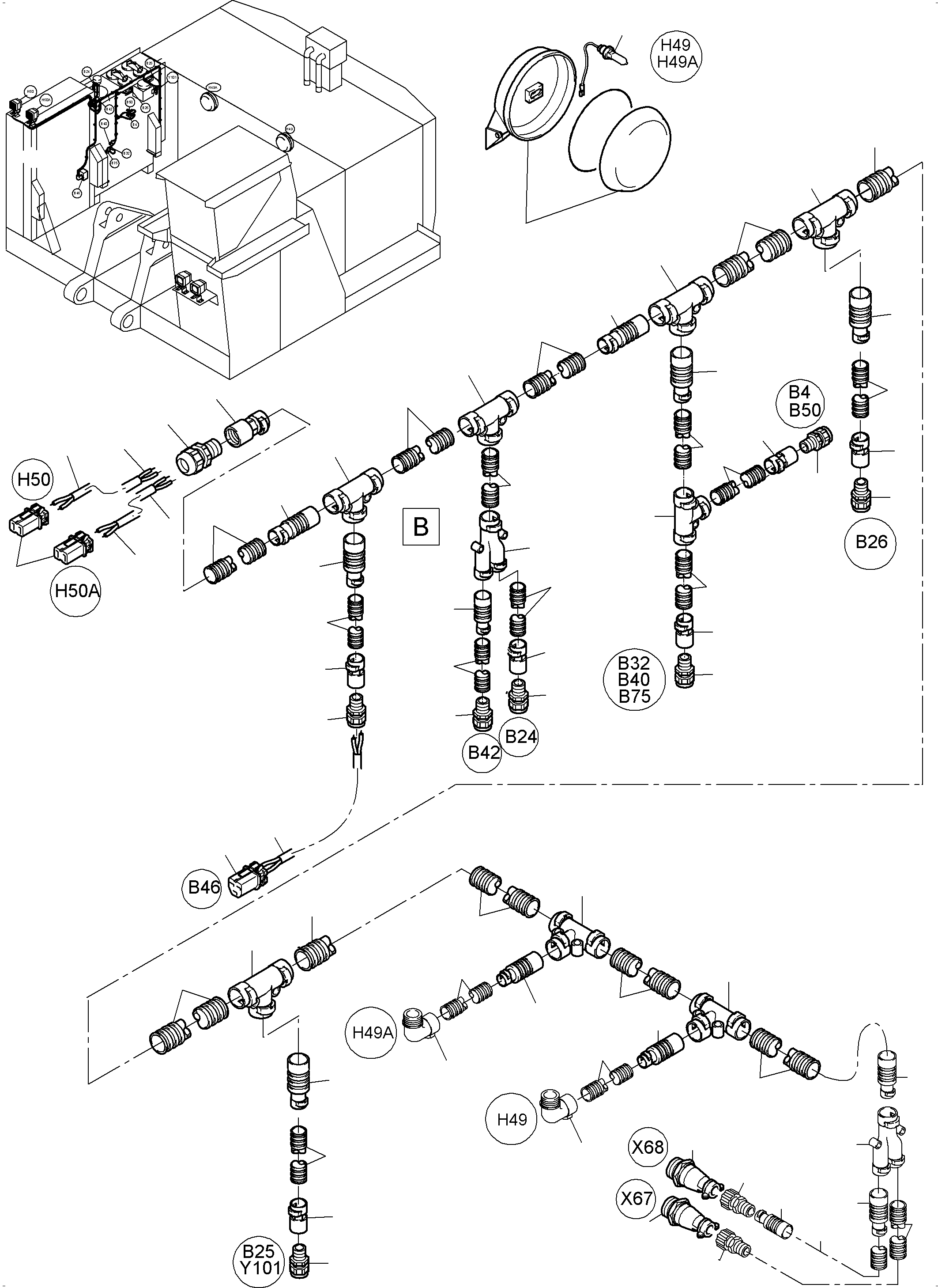 Komatsu parts book diagram for PC3000-6 S/N 46213: CABLES - OIL TANK AND SWITCH