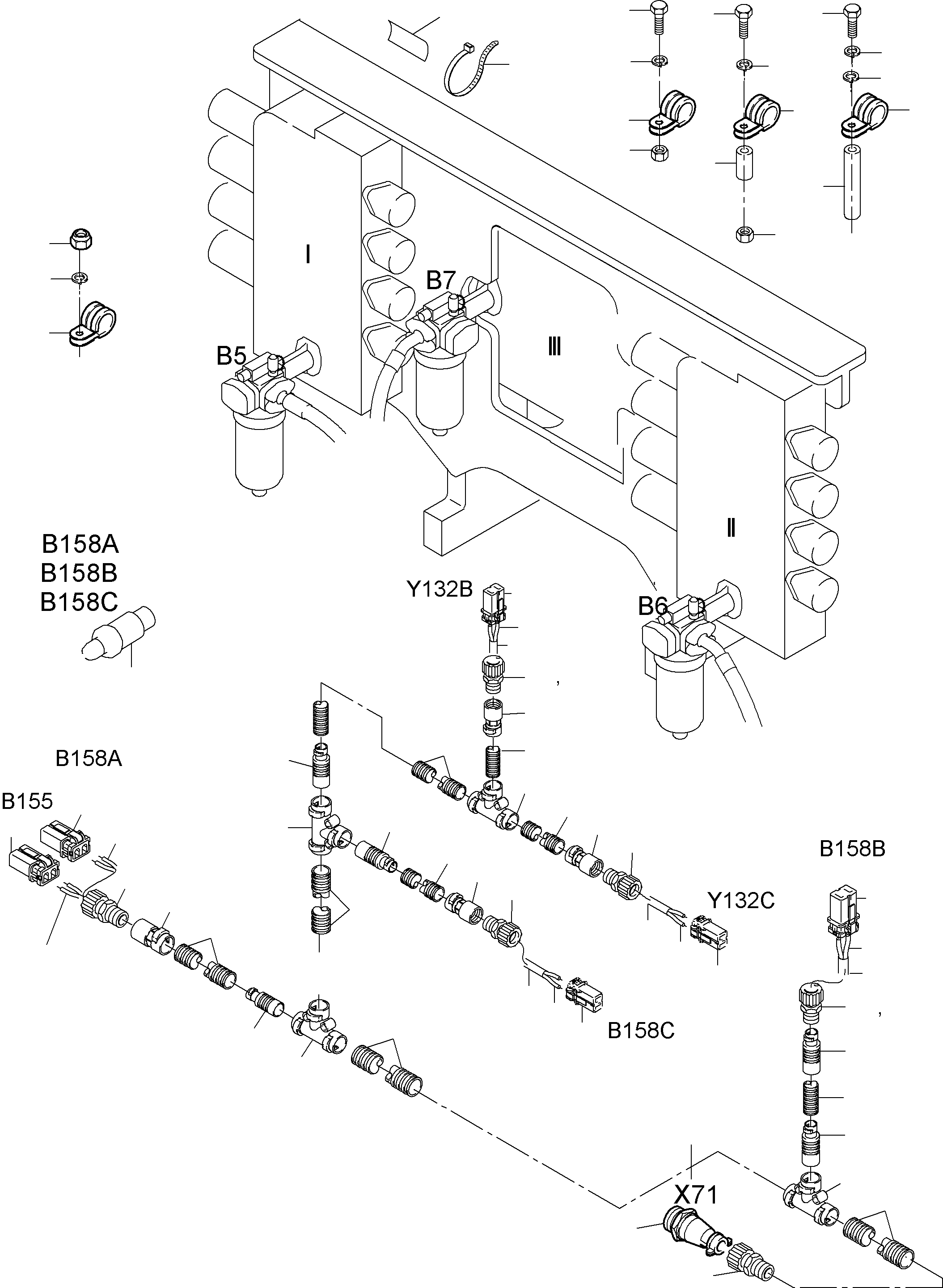 Komatsu parts book diagram for PC3000-6 S/N 46213: CABLES - SUPPORT, CONTROL UNIT - H.P. FILTER
