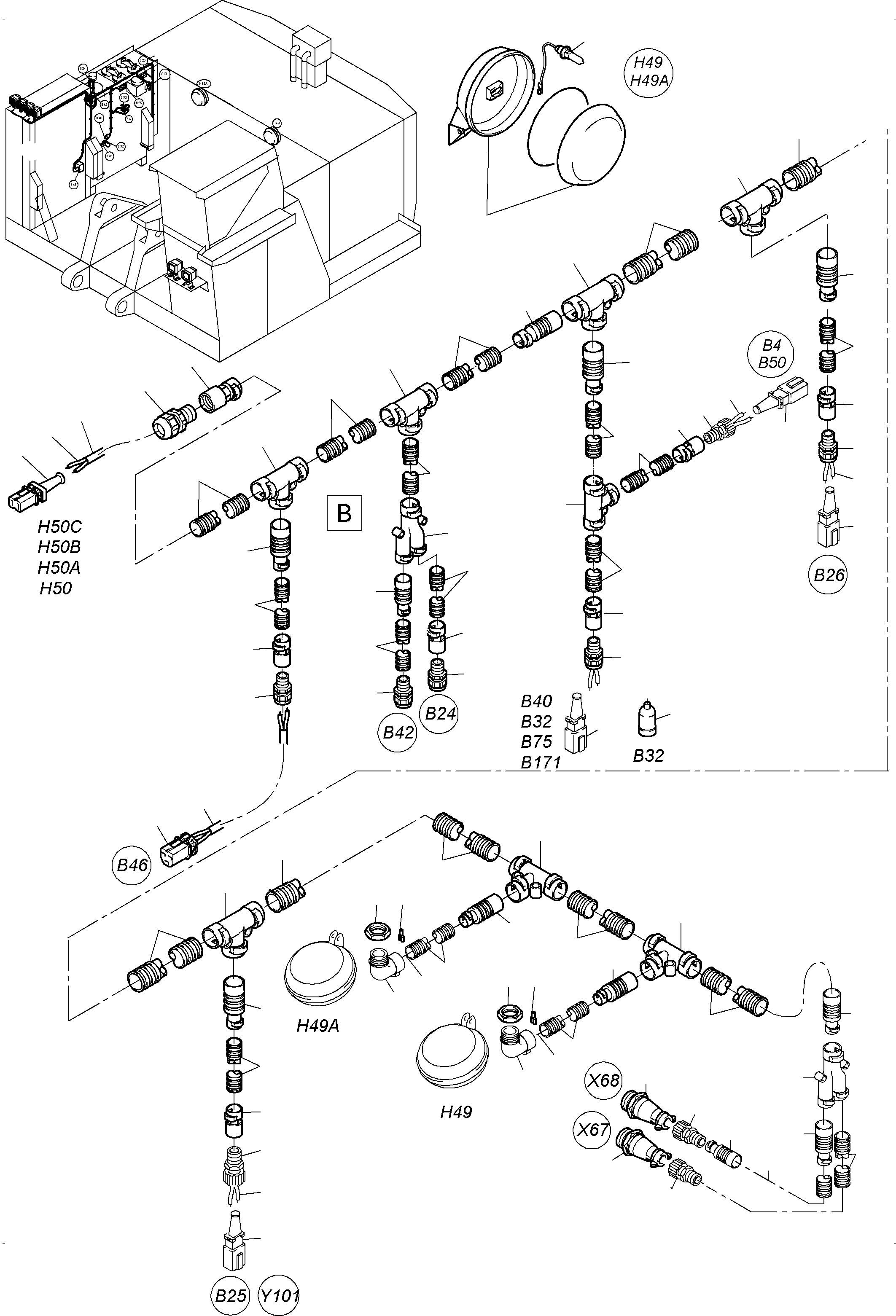 Komatsu parts book diagram for PC3000-6E S/N 46231: CABLES - OIL TANK AND SWITCH