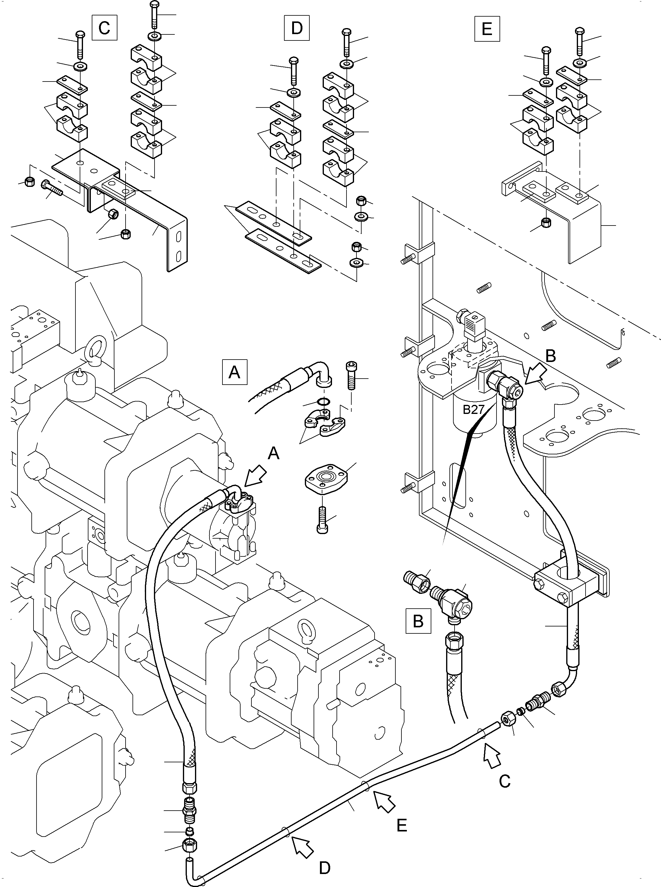 Komatsu parts book diagram for PC3000-6 S/N 46252: PRESSURE LINES (P) -TRANSMISSION OIL PUMP