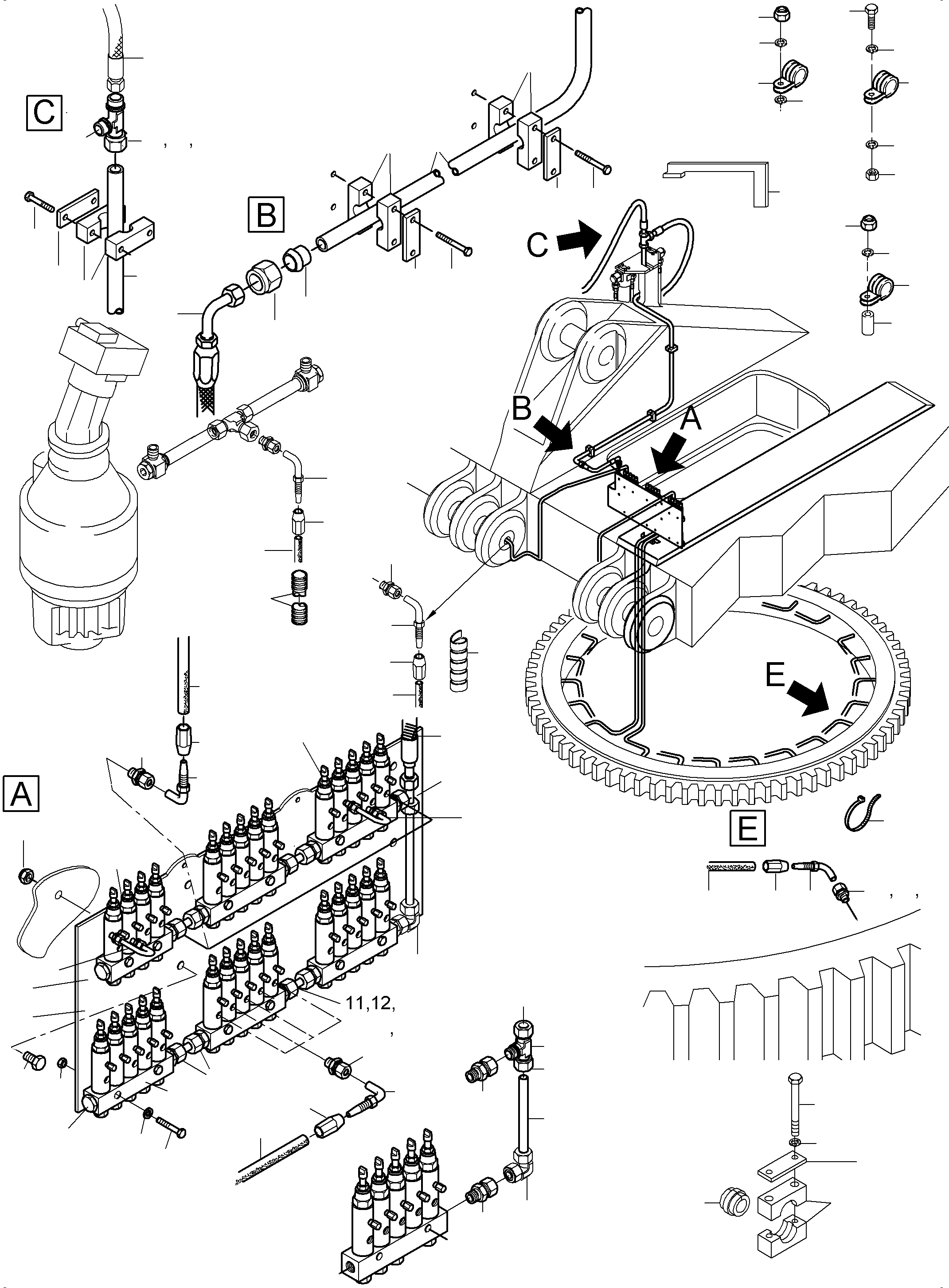 Komatsu parts book diagram for PC3000-6 S/N 46252: LUBE DISTRIBUTOR SWING RING