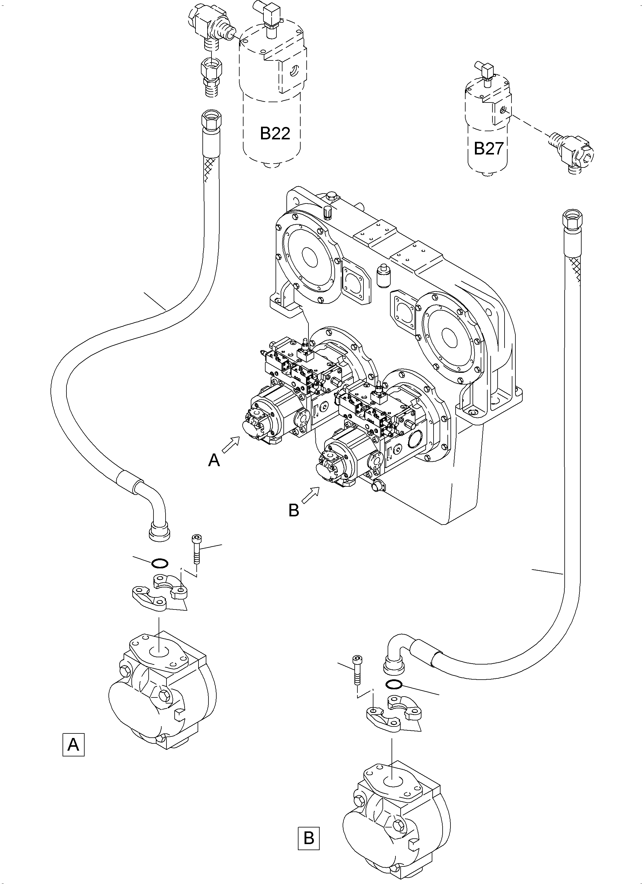 Komatsu parts book diagram for PC4000-6 S/N 58132: PRESSURE LINES - GEAR OIL AND PILOT OIL PUMP
