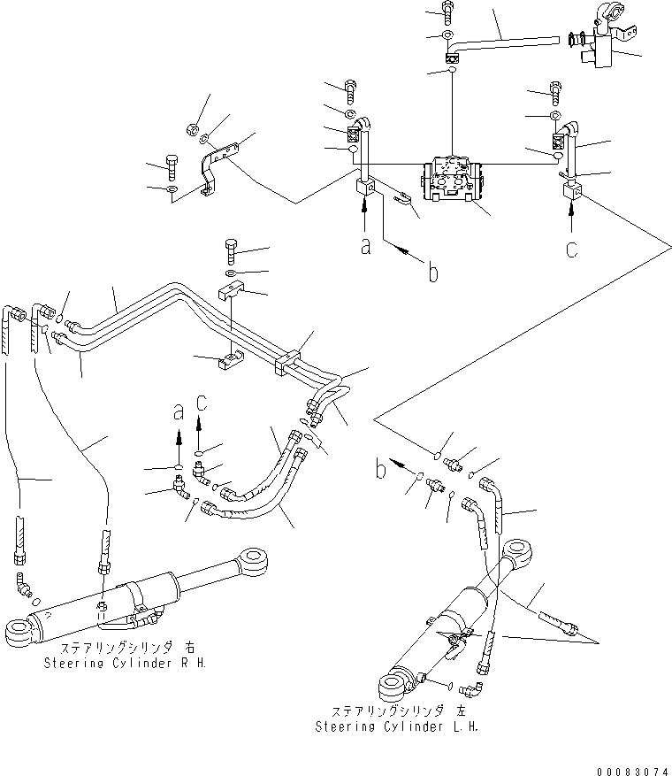 Komatsu parts book diagram for HM350-1L S/N A10001-UP: HYDRAULIC PIPING (STEERING CYLINDER LINE) (2/2)