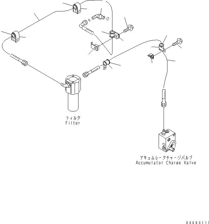 Komatsu parts book diagram for HM350-1L S/N A10001-UP: BRAKE PIPING (PUMP TO CHARGE VALVE)