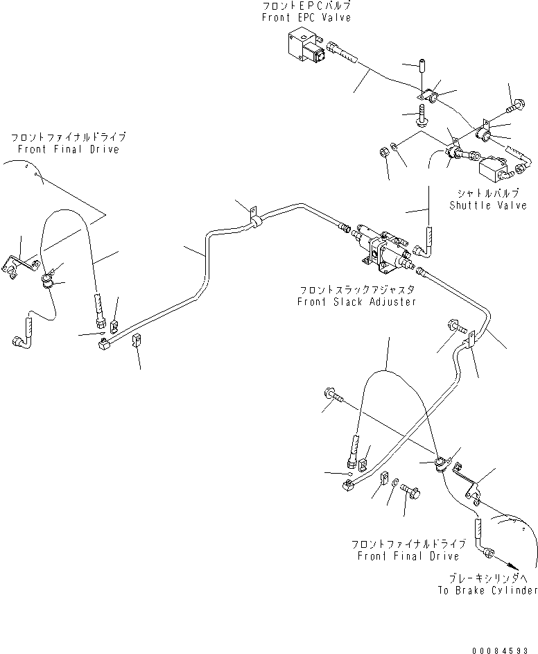 Komatsu parts book diagram for HM350-1L S/N A10001-UP: BRAKE PIPING (SLACK ADJUSTER TO FRONT AXLE)