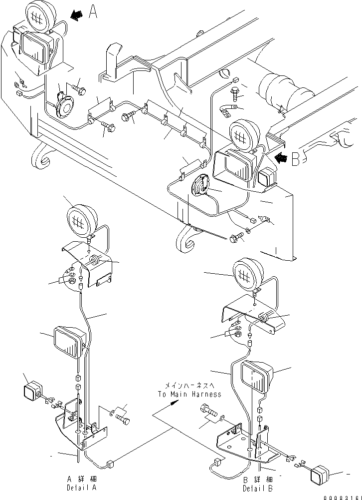Komatsu parts book diagram for HM350-1L S/N A10001-UP: HEAD LAMP AND ELECTRICAL HARNESS (WITH FOG LAMP)