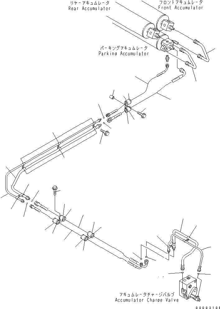 Komatsu parts book diagram for HM400-1L S/N A10001-UP: HYDRAULIC PIPING (ACCUMULATOR TO CHARGE VALVE)