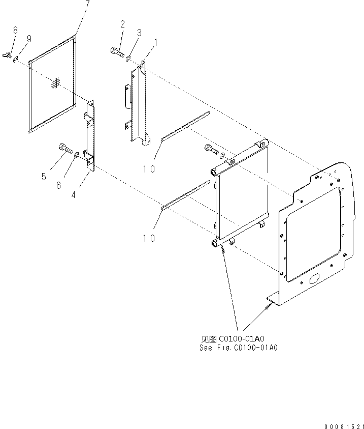 Komatsu parts book diagram for PC57-7 S/N DJB10001-up: COOLING (OIL COOLER MOUNTING) (WITH PRE-CLEANER)