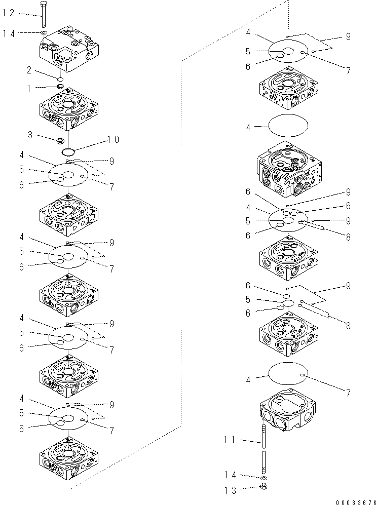 Komatsu parts book diagram for PC57-7 S/N DJB10001-up: MAIN VALVE (8-VALVE) (2/22)(#DJB04671-)