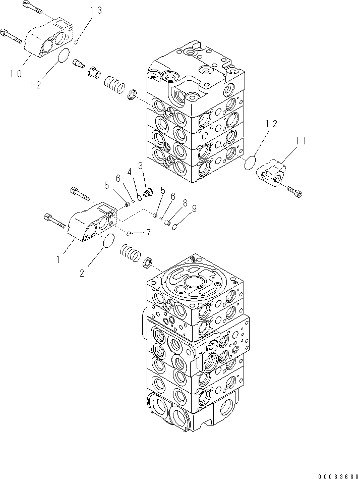 Komatsu parts book diagram for PC57-7 S/N DJB10001-up: MAIN VALVE (8-VALVE) (7/22)(#DJB04671-)